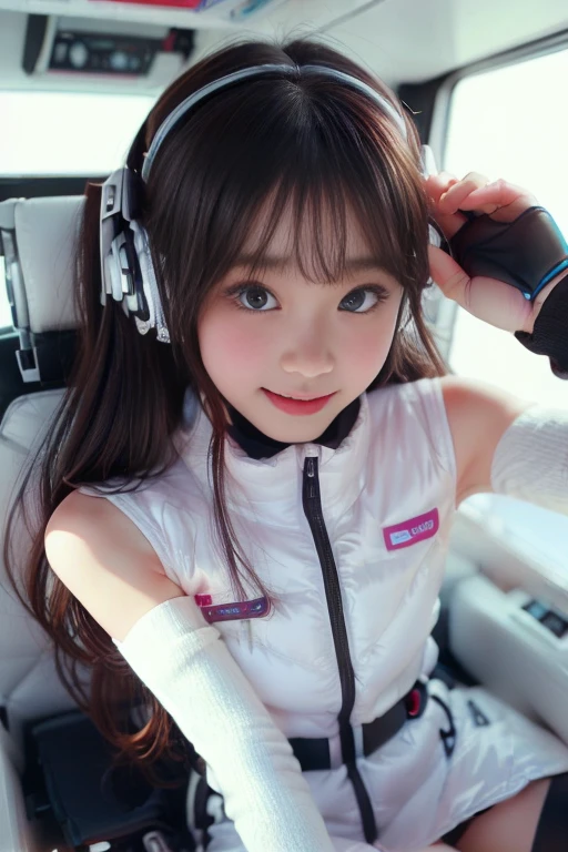 ((NSFW: 1.4)), ((Detailed face, Professional photography)), ((NSFW, zettai ryouiki, 1 girl)), Ultra-high resolution, (Realistic: 1.4), RAW Photos, highest quality, (PhotoRealistic Stick), concentrated, Soft Light, ((30 years old)), ((Japanese)), (( (Young Face))), (surface), (Depth of written boundary), masterpiece, (Realistic),(inside ISS):3, woman, ,astrovest:2,headphone:2,smartwatch,,bangs, ((1 girl)),(black sleeves):2,(black tights):2,inside spacestation,inside spacecraft,,zero gravity,smile,open leg,blush:1.5,hidden hands,neotech