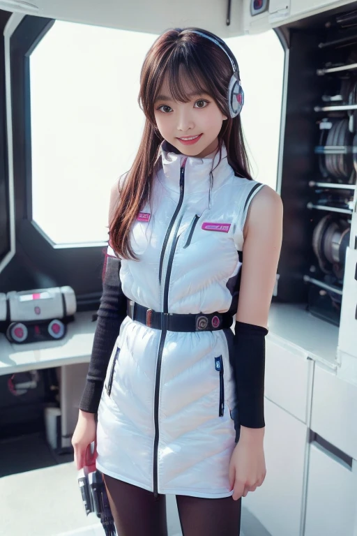 ((NSFW: 1.4)), ((Detailed face, Professional photography)), ((NSFW, zettai ryouiki, 1 girl)), Ultra-high resolution, (Realistic: 1.4), RAW Photos, highest quality, (PhotoRealistic Stick), concentrated, Soft Light, ((30 years old)), ((Japanese)), (( (Young Face))), (surface), (Depth of written boundary), masterpiece, (Realistic),(inside ISS):3, woman, ,astrovest:2,headphone:2,smartwatch,,bangs, ((1 girl)),(black sleeves):2,(black tights):2,inside spacestation,inside spacecraft,,zero gravity,smile,open leg,blush:1.5,hidden hands,neotech