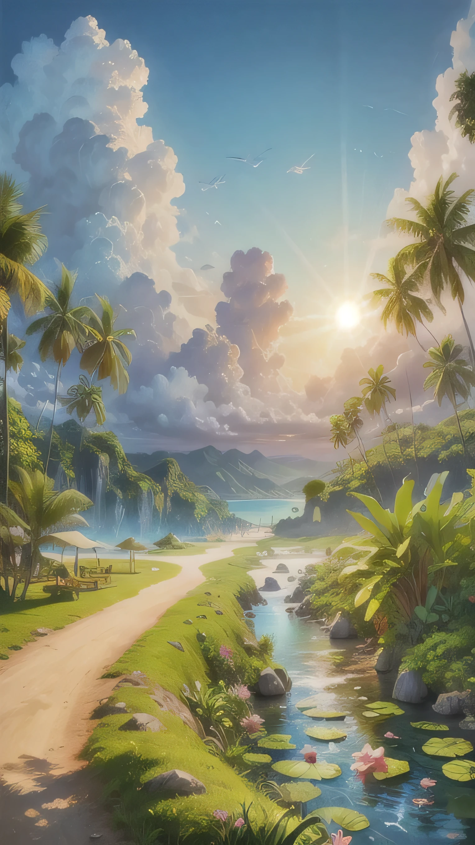 tropical island, epic view, wide view, digital painting, neo fauvist style, chill, vacation --auto --s2