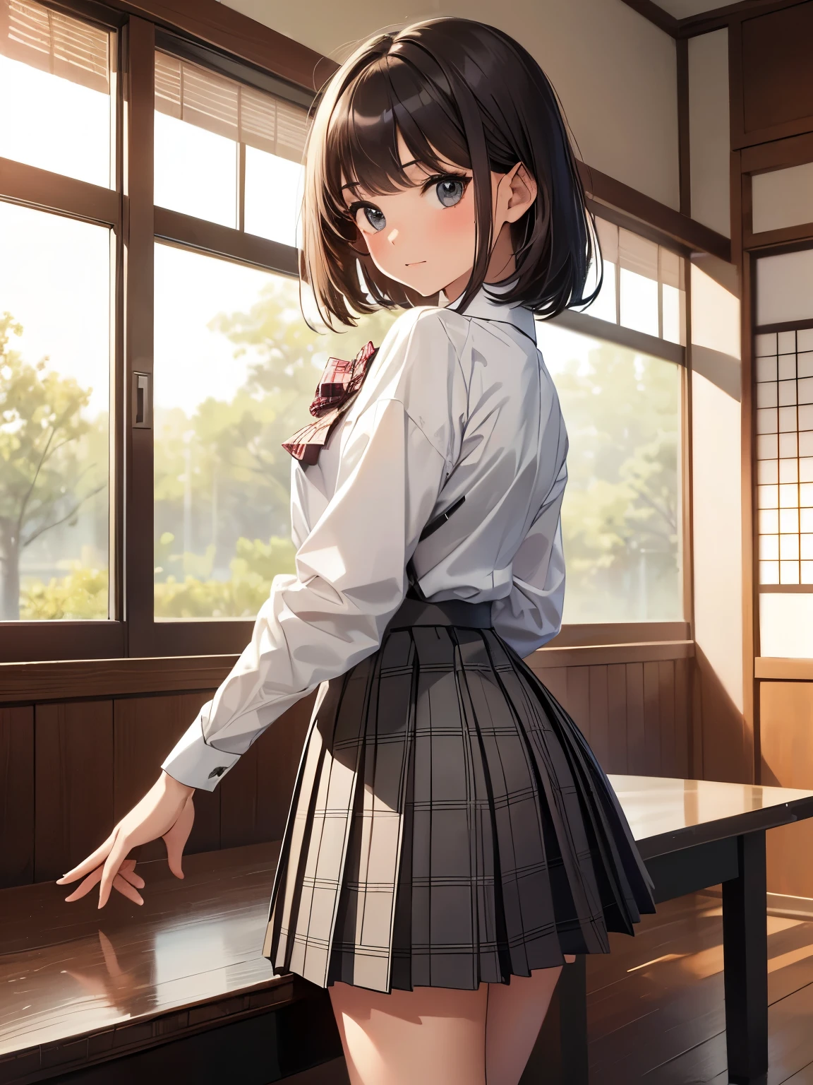 1 girl, Solo, Cute Girl, 13 years old, Best Quality, Ultra-detailed, 8K, High resolution, Detailed face, dark brown hair, bob hair, (((tareme:1.5))), (((looking back))), (((school uniform, white collared shirt, bowtie, pleated skirt, gray skirt, plaid skirt, long skirt:1.3, white socks))), standing, in the Japanese style room,