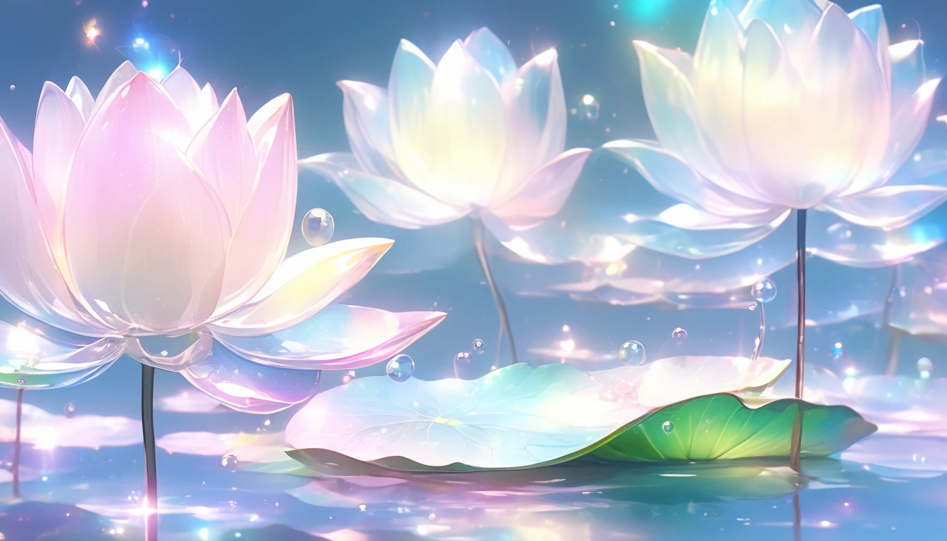 Reflection and mirror styles,Transparent light pink,Shimizu,White soap bubbles,Bokeh photos,fantastic colors, close up, light refracted into water, reflections transparent iridescent colors,Soft lighting/ Soft lighting, High Detail, Ultra HD,(There are several transparent lotus flowers floating on the water),The colorful light refracts onto the lotus,Crystal texture