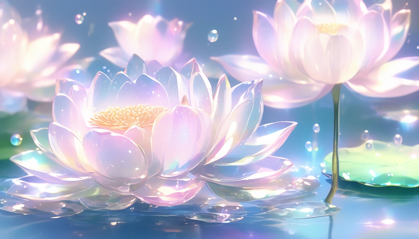 Reflection and mirror styles,Transparent light pink,Shimizu,White soap bubbles,Bokeh photos,fantastic colors, close up, light refracted into water, reflections transparent iridescent colors,Soft lighting/ Soft lighting, High Detail, Ultra HD,(There are several transparent lotus flowers floating on the water),The colorful light refracts onto the lotus,Crystal texture