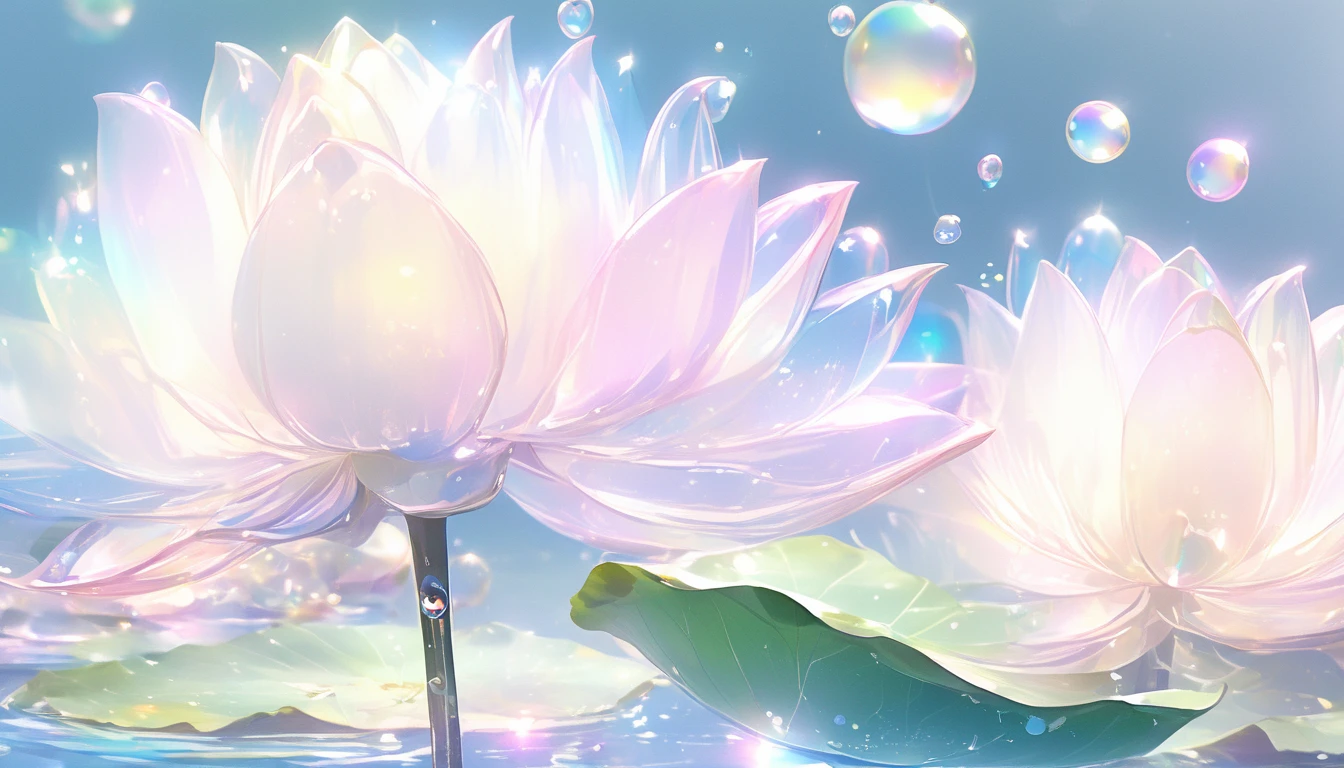 Reflection and mirror styles,Transparent light pink,Shimizu,White soap bubbles,Bokeh photos,fantastic colors, close up, light refracted into water, reflections transparent iridescent colors,Soft lighting/ Soft lighting, High Detail, Ultra HD,(There are several transparent lotus flowers floating on the water),The colorful light refracts onto the lotus,Crystal texture