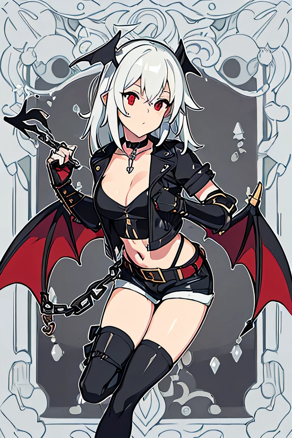 ((foto de corpo inteiro)), ((foto realista) 8k, high resolution,tonificado legs,low angle, athletic, magrelo, tonificado, corpo menor, cintura fina, garota demonio de cabelo curto branco , wearing gothic clothes and platform boots, em estilo anime, make her have gray skin and red eyes, bat wings plus I want her to wear black denim shorts with a leather belt and chains attached to it. I also want her to wear a spiked choker and a leather jacket with a black top. I want her to have black steel gauntlets and be a little muscular