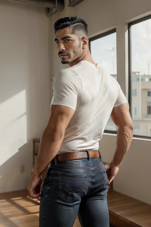 an incredibly handsome and attractive young man, Big muscular,  40 years old with short dark blonde hair and light brown eyes., cuerpo completo, muy nalgon, angular jaw, Cara de la caja, barba mediana, Alto y muscular, vaqueros & Botas. Naked Jeans backside same model 