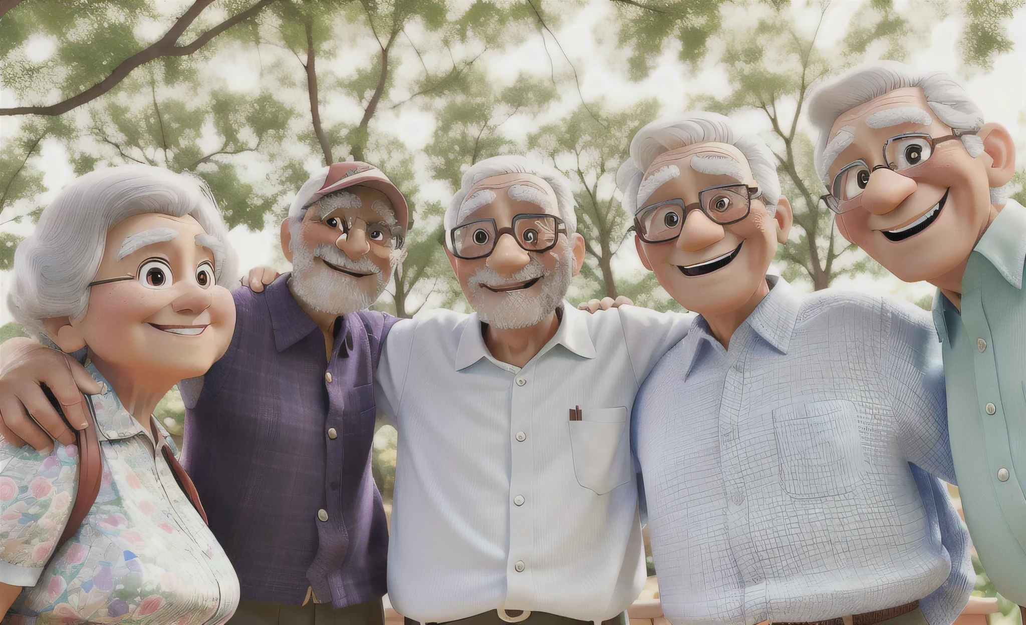 5 elderly people in a photo pose hugging each other smiling at Disney Pixar, alta qualidade, melhor qualidade