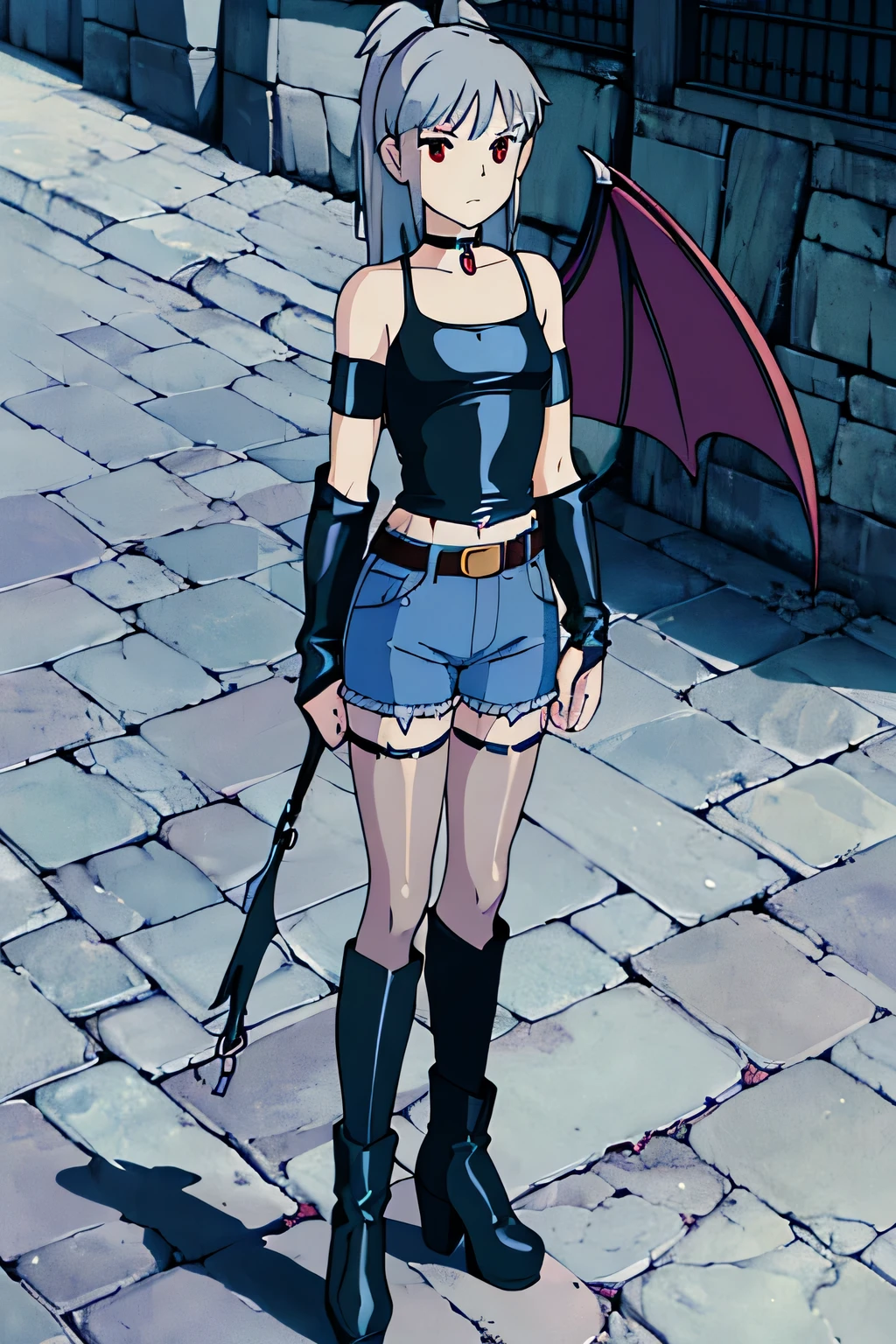((foto de corpo inteiro)), ((foto realista) 8k, high resolution,tonificado legs,low angle, athletic, magrelo, tonificado, corpo menor, cintura fina, garota demonio de cabelo curto branco , wearing gothic clothes and platform boots, em estilo anime, make her have gray skin and red eyes, bat wings plus I want her to wear black denim shorts with a leather belt and chains attached to it. I also want her to wear a spiked choker and a leather jacket with a black top. I want her to have black steel gauntlets and be a little muscular