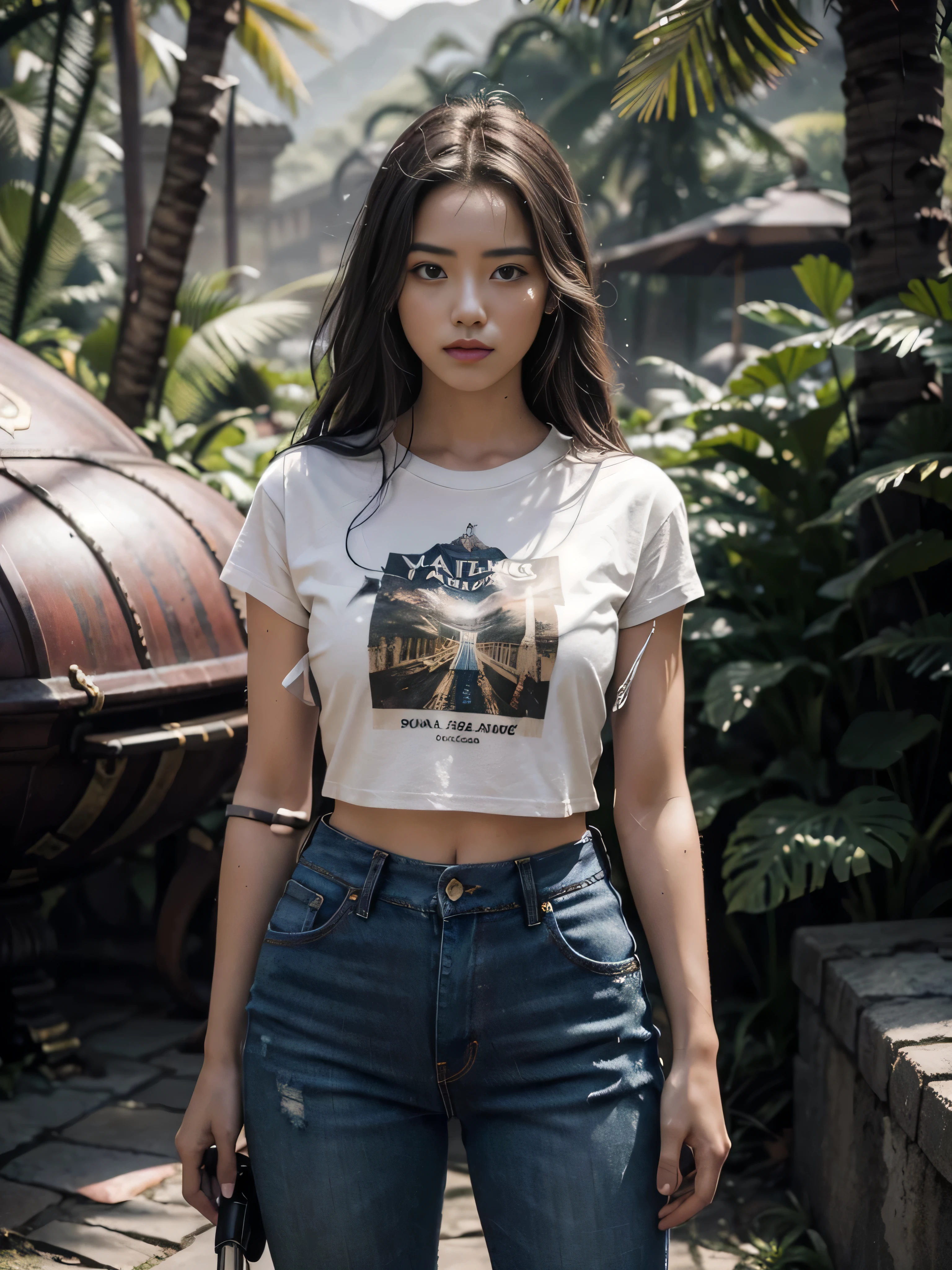 extremely beautiful girl, subtle makeup, photorealistic, high contrast, 8k HD, detailed, hyper-detailed, realistic skin texture, long dark hair, big chest best quality, ultra high res, raw photo, dramatic lighting, outdoor, forest, standing, a beautiful cinematic masterpiece portrait of Turkish white hair's young women as lara croft from tomb raider, fringes hairstyle, blue eyes, perfect eyes, highly detailed face, covered in dirt, treasure hunter, ((normal basic teeshirt, full length black tee-shirt, tight jeans)), with a complex deep jungle background with ancient jungle ruins, by gil elvgren, by frank frazetta, by greg rutkowski, trending on artstation, featured on pixiv, hyper detailed, beautiful studio lights, intricate elegant digital painting, cinematic composition, dramatic pose, smooth, sharp focus, (((professional photography))),dappled light, romantic, HDR, highly detailed, hasselblad, 8k, hyper realistic, eye level shot, f1.4 aperture, 8mm film grain, cinestill 800, full body Teeshirt, adventures girl carrying umbrella in hand, with small bagpack,