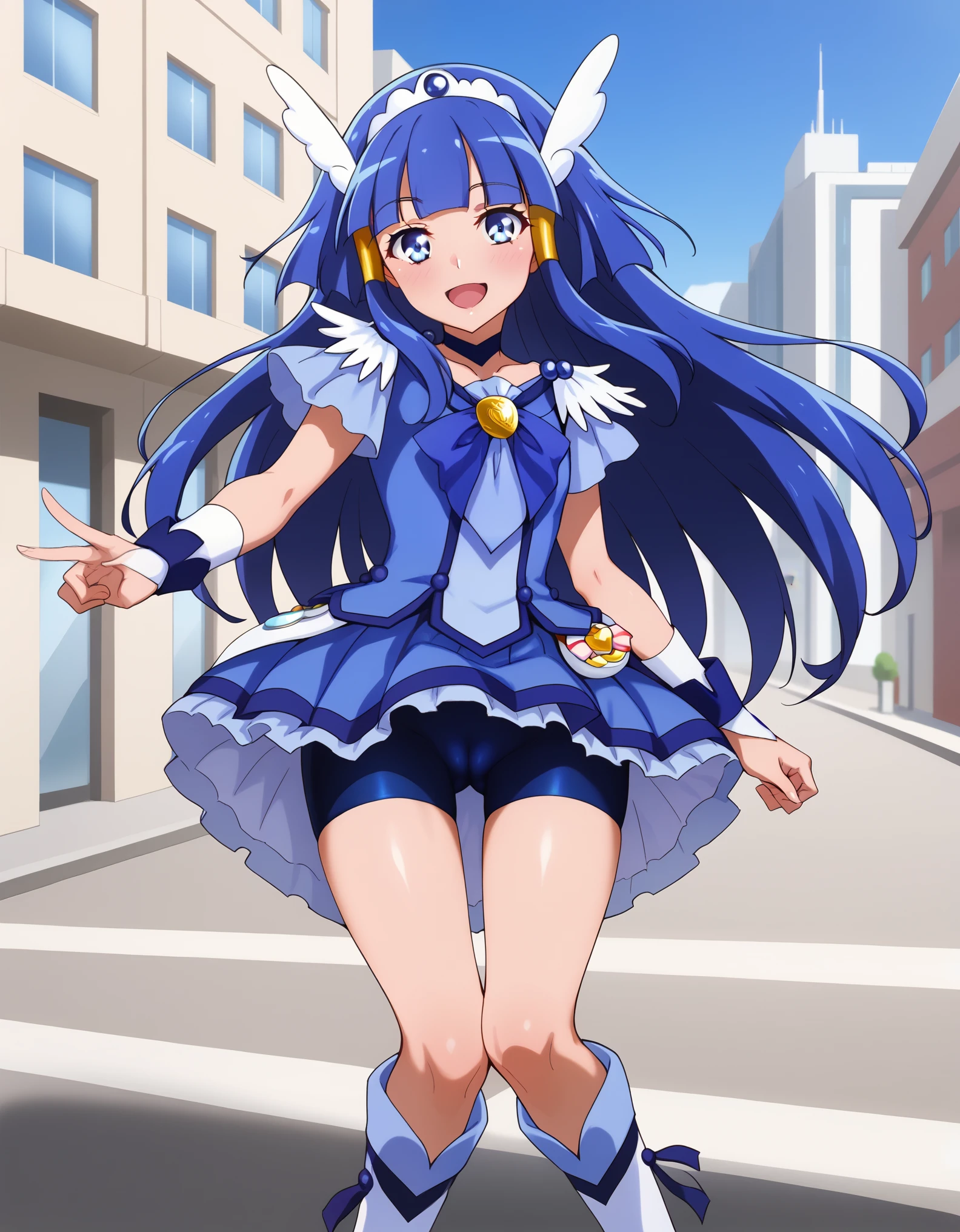 score_9, score_7_up, source_anime, anime screencap, BREAK AR-CB, 1girl, blue eyes, (long hair:1.1), hair tube, sidelocks, blue hair, blunt bangs, hair ornament, head wings, tiara, blue choker, (blue neckerchief:1.1), blue shorts, blue skirt, bike shorts, shorts under skirt, blue wrist cuffs, knee boots, BREAK flat chest, smile, blush, open mouth, head tilt, cameltoe, pantyshot, wide stance, (sexy pose:1.1), BREAK wind lift, outdoor, city, street, building,