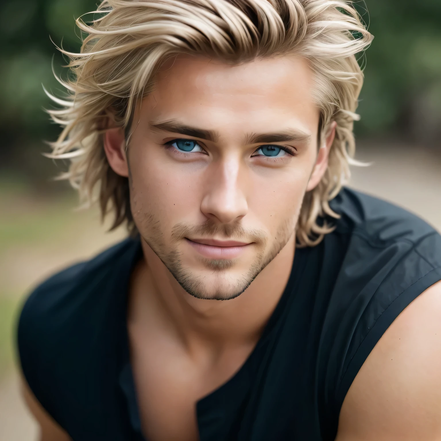 photo of a stunning handsome man, Blue eyes, short, disheveled, Blonde hair, hair flipping, Close-up, enlarged in a narrow frame, portrait, in a black shirt, (photorealistic:1.2) (hips:1.2) (Best quality) (Color correction) (detailed skin:1.3) (difficult) (8K) (HDR) (cinematic lighting:1.3) (sharp focus), Wild hair, looks at the camera, smiling, slight smile