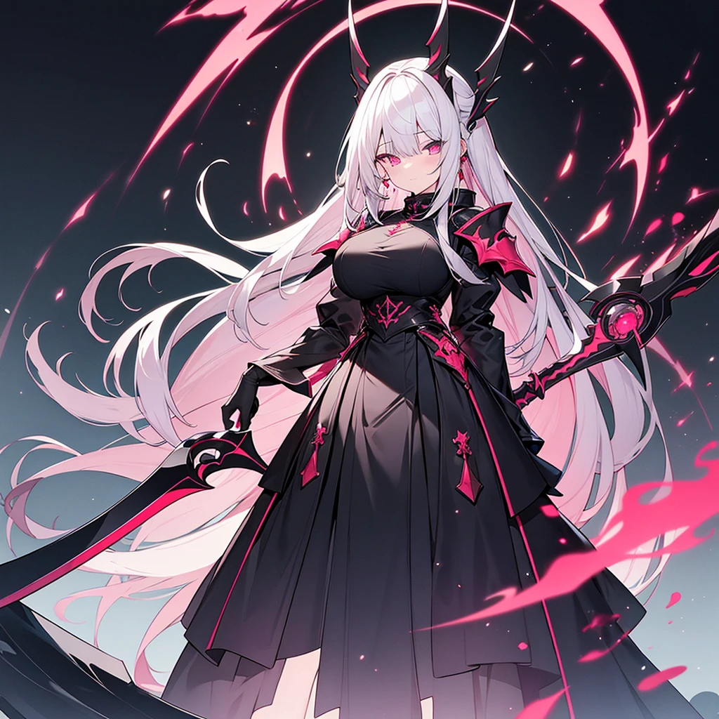 4K、Silver Hair、Slanted Eyes、Pink Eyes、fair skin、Black gothic armor、Has a big scythe、big breasts、Standing under the red moon、Full Body、high quality、High resolution