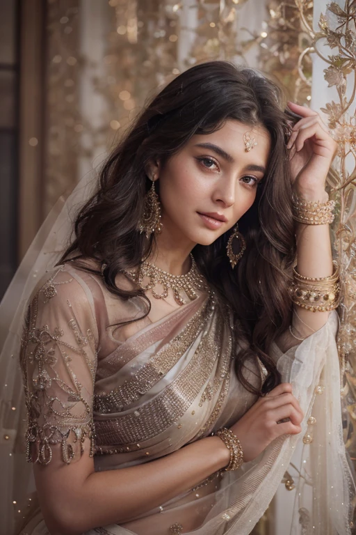 Beautiful ,23 years young Indian girl healthy, confidential looking,8k,realistic, raw photo,dark brown hair,fair skin, indian,long hair,clear facial features,, very detailed, Stunningly beautiful supermodel, radiates otherworldly allure with her opalescent, iridescent, and pearlescent glow. An ethereal goddess, she boasts voluminous hair framing her golden eyes and captivatingly fairy-like makeup. Soft, flawless skin with a touch of rosy blush enhances her slight smile, hinting at both cuteness and seductiveness. Her enthralling gaze transfixes the viewer. Dressed in an exquisitely classic black velvet saree, adorned with dazzling sequins or intricate beadwork, she exudes elegance and sophistication.|Fri 