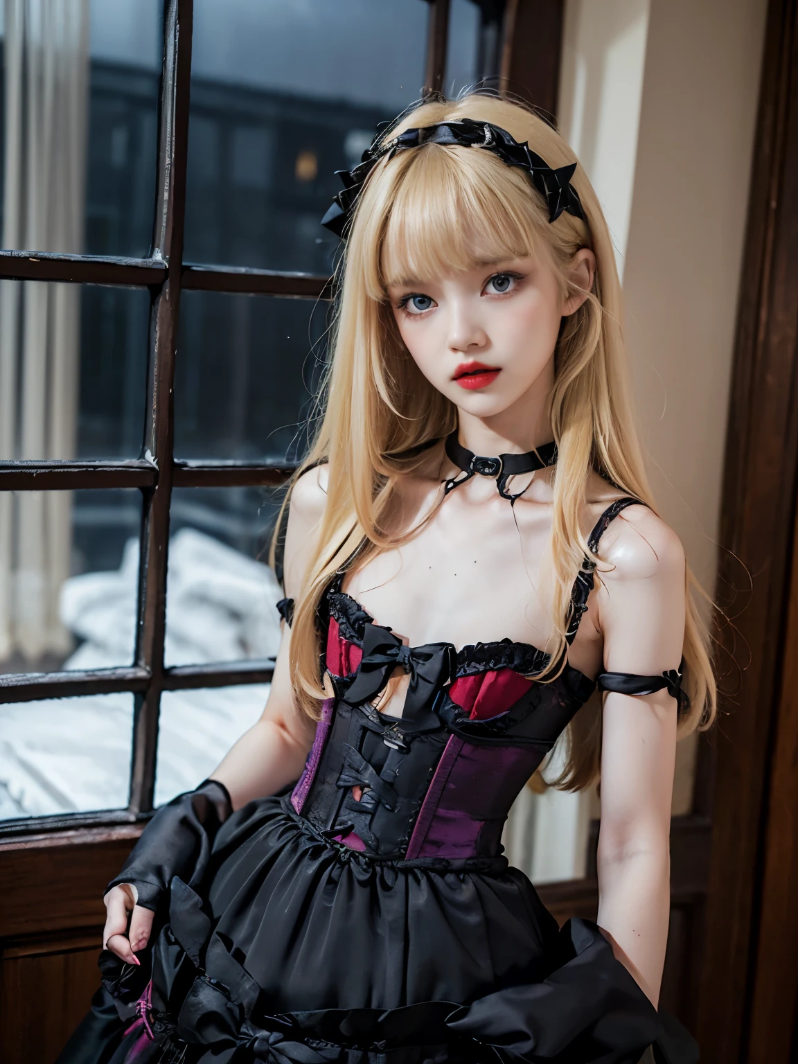 A blonde-haired with long hair and a black dress, Ghostly eyes and curly hair, Gothic hall々and tattered black, Dollpunk, Long blonde hair, Victorian Goth, Gothic Girl, Black Rococo, Inspired by Louis Grel, Victorian Gothic, Doll-like ,