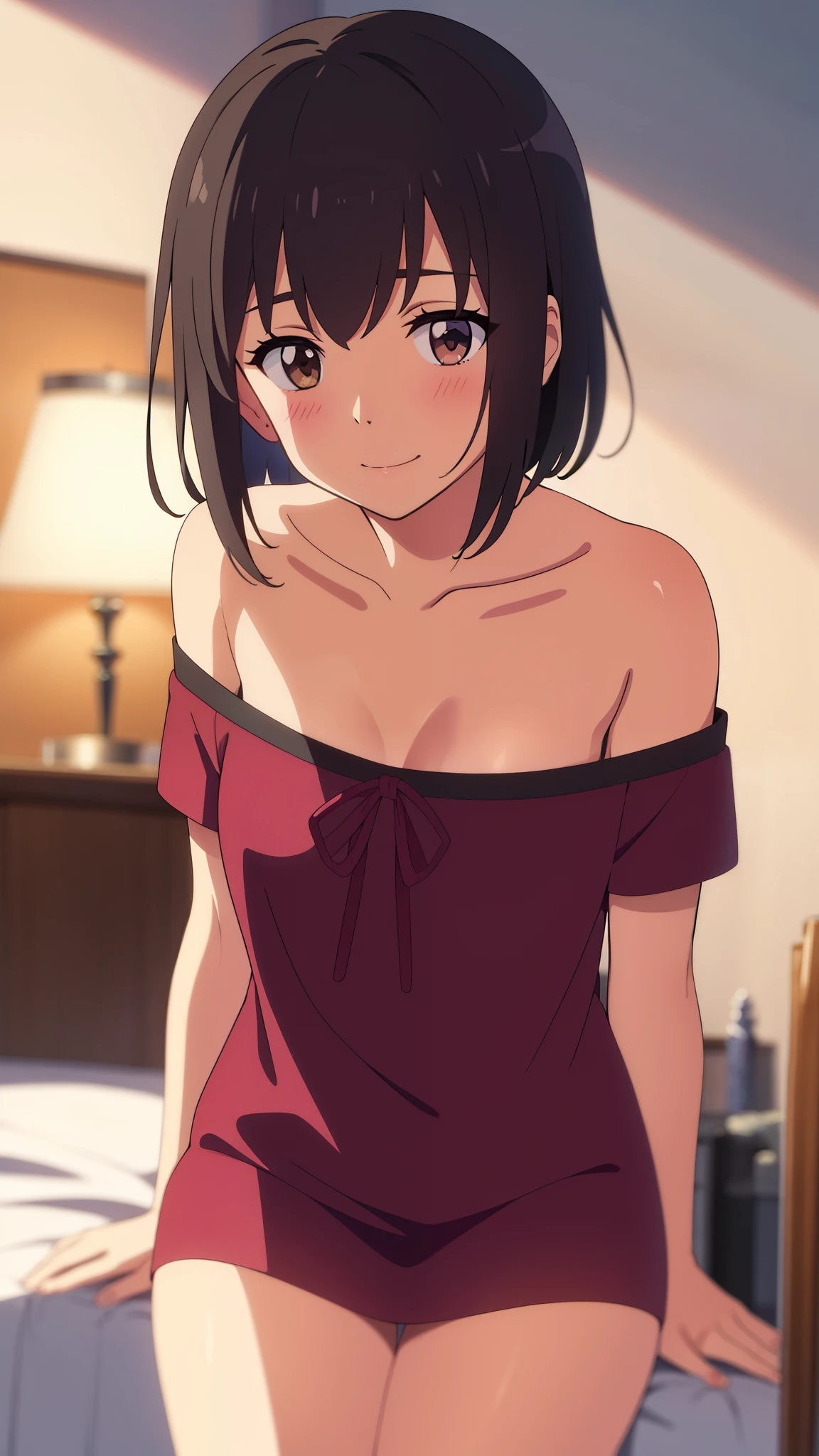 ((upper body)),[anime styled]],[[digitalart]],nsfw,Tomomi_saikyou,black hair,Short hair,Hair Ribbon,midium build,bedroom,on bed,NSFW,1girl in,short torso,nude,(nipples),anime screen cap,cel shading,smile,extacy,(strong light)、((brighten the subject)),((masturbation/female masturbation)),