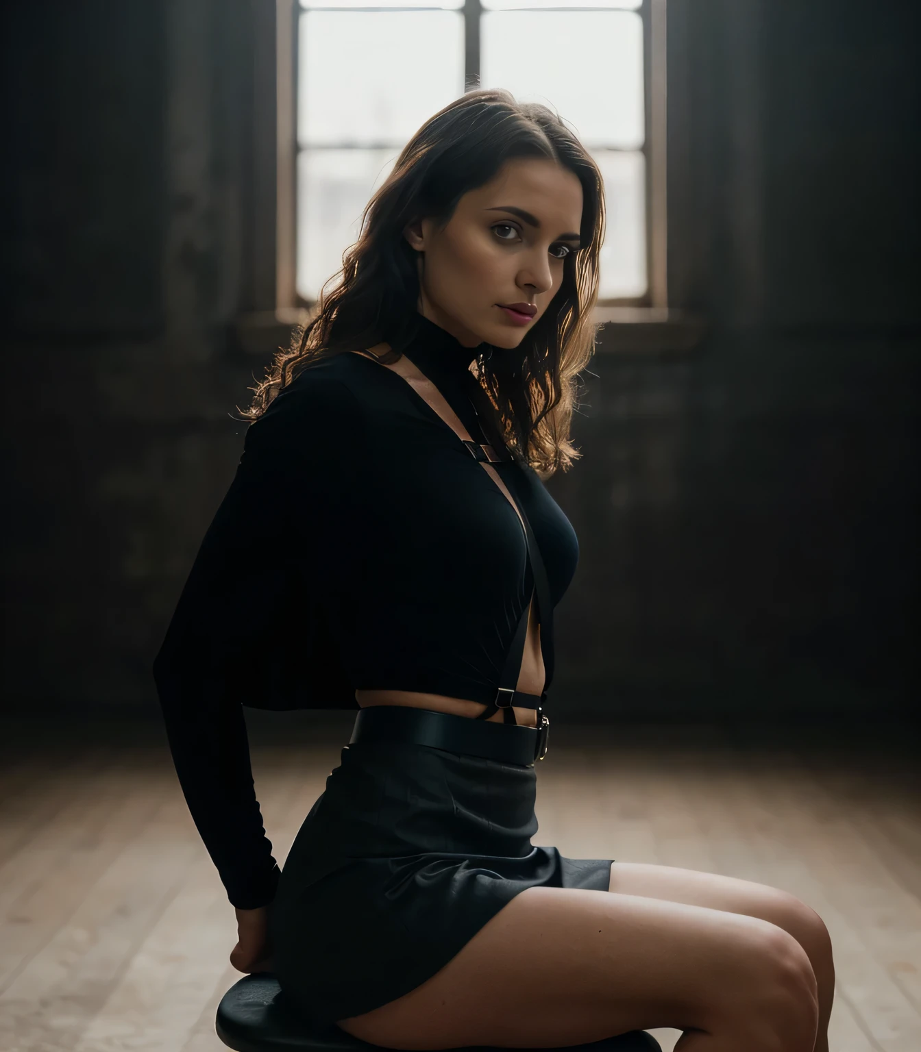 beautiful woman, straight blonde hair, wearing a choker with a body harness, wearing skinny skirt, (((front view)), (sitting down on banch), violet myers, very detailed, 25 years, natural wave hair, blue eyes, high-res, masterpiece, best quality, intricate details, highly detailed, sharp focus, detailed skin, realistic skin texture, texture, detailed eyes, professional, 4k, Canon shooting, 85mm, shallow depth of field, kodak color vision, perfect fit body, extremely detailed, photo_\(ultra\), photorealistic, realistic, post-processing, maximum detail, roughness, real life, ultra realistic, photorealism, photography, 8k uhd, photography (grain of film) medium shot for closeup shot atmospheric dark lighting