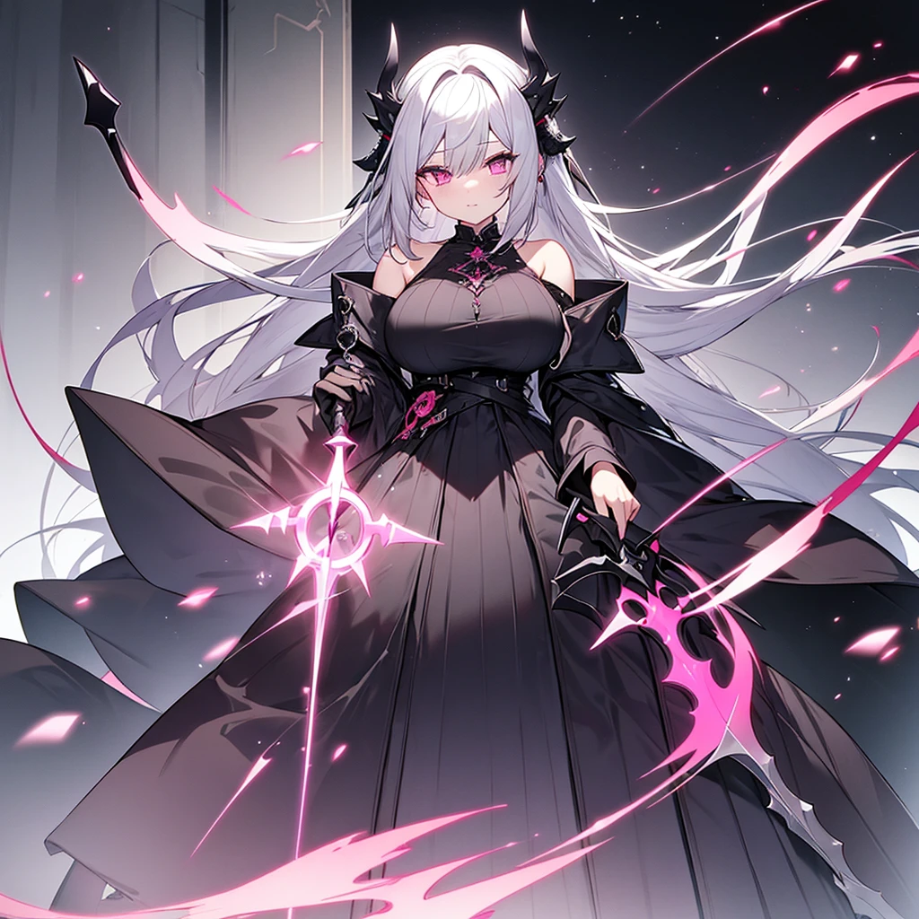 A pink haired woman with violet eyes with an hourglass figure is performing with a white haired handsome man with red eyes on a stage in Gothic clothing