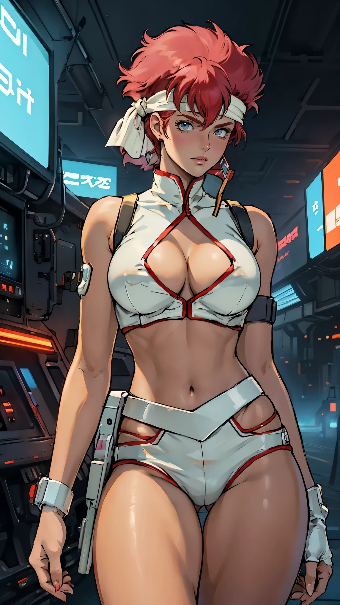 ((Masterpiece, highest quality; 1.3)), super quality, beautiful detail, super detailed, extra fine, 16K, exquisite, absurd, high resolution, beautiful background, detailed background, beautiful eyes, beautiful skin, anime style, Kay from Dirty Pair in a white outfit, tight outfit, cleavage, bushy redhead beauty, white uniform, wearing tight clothes, skimpy, (mid chest: 1.2), cleavage, cleavage, , slim waist, slim thighs, thigh gap, showing stomach, skinny, thin hips, cyberpunk city background, retro space gun holding, headband, 