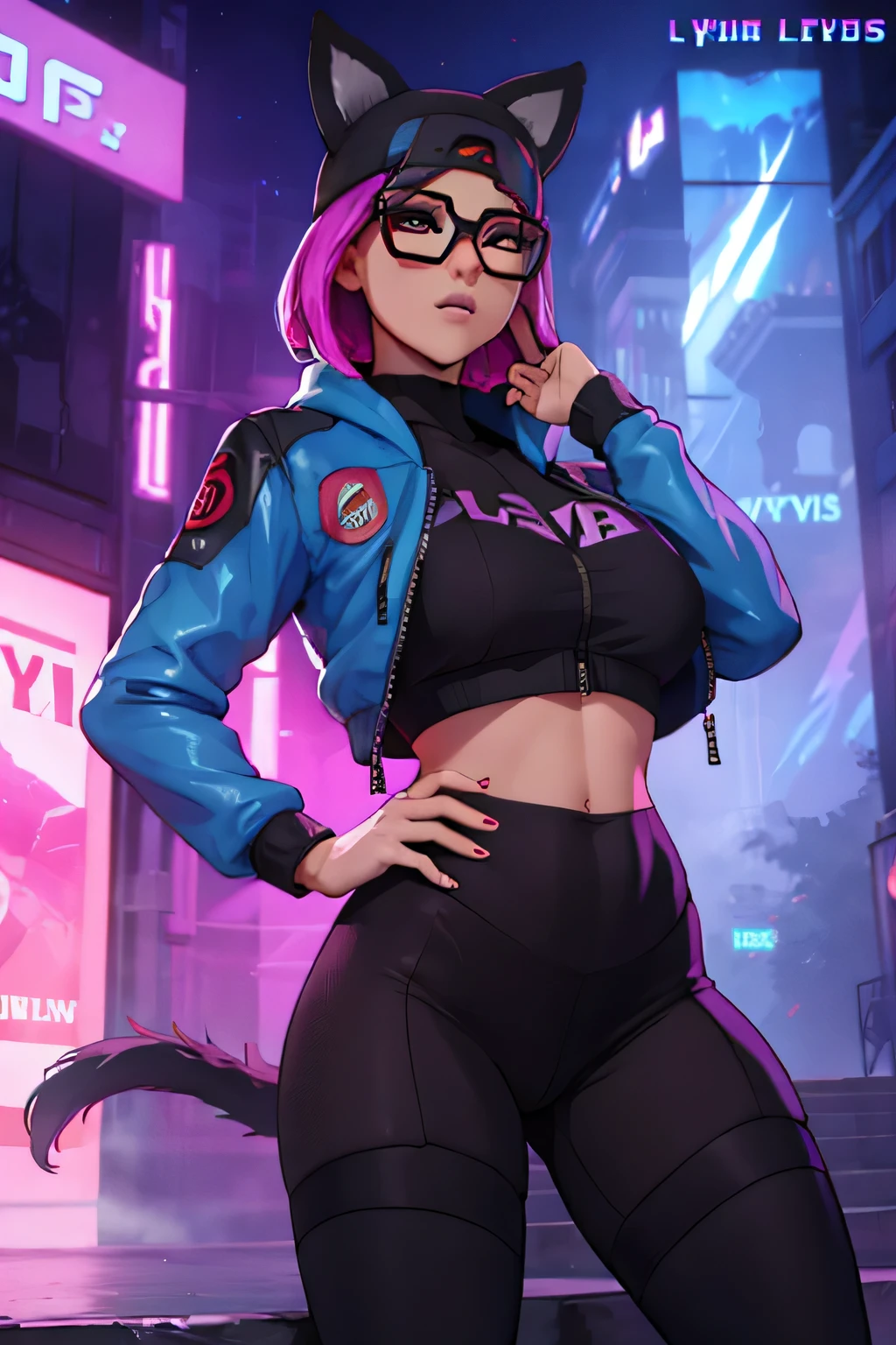 Lynx chaqueta Azul Marino, guantes sin dedos, Leggings negros, ojos hermosos, neon, pose femenino, gafas