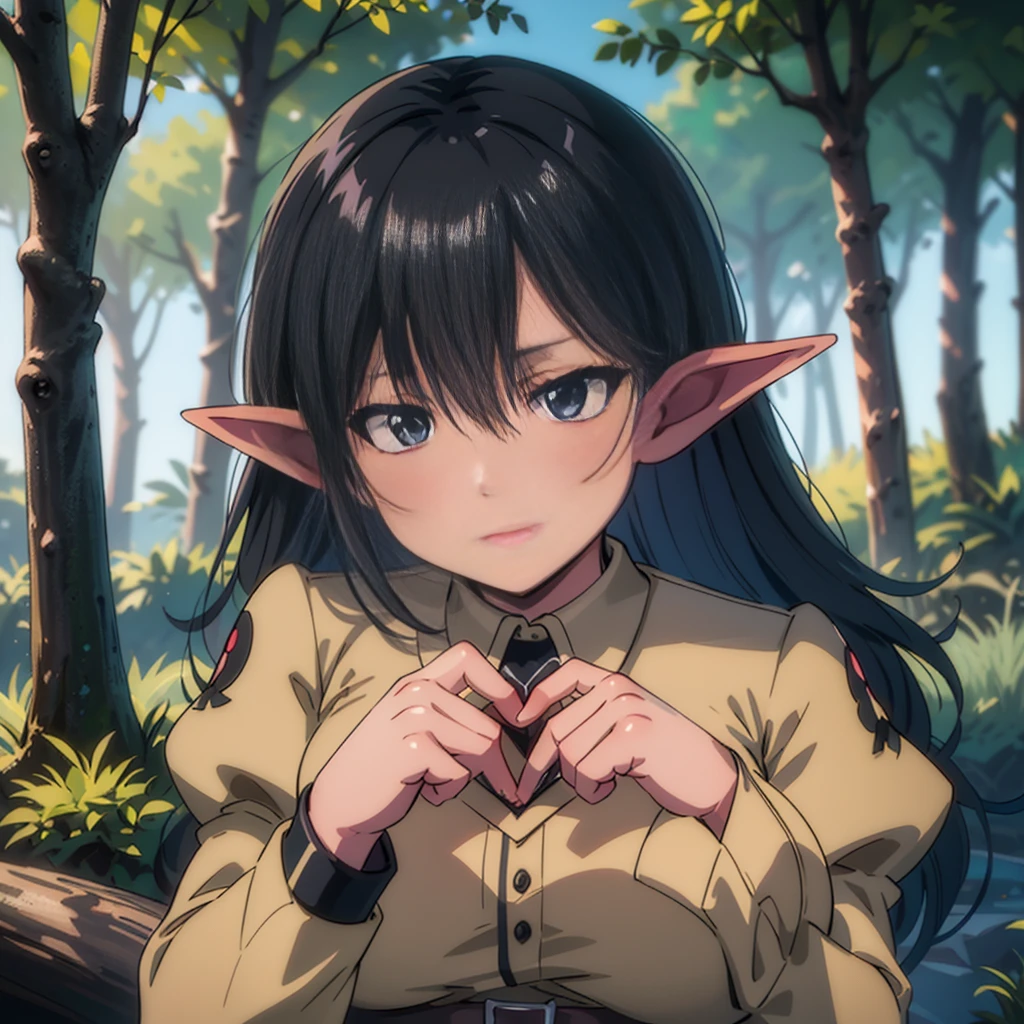 young woman, elf, druid, black hair,  purple eyes, white  skin,  cute