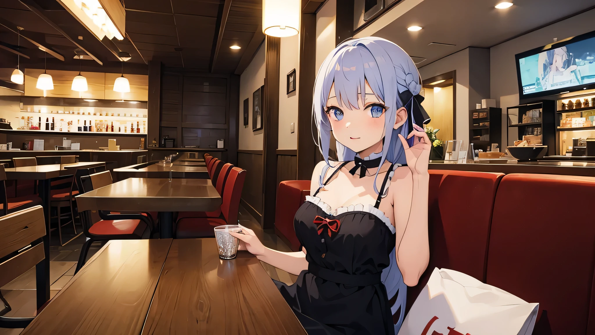 anime girl sitting in a restaurant like the one on the cover of the Polish artist "schafter" z albumu "hors devours"