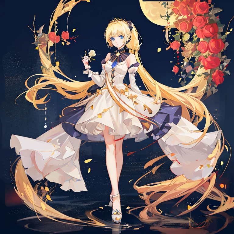 Masterpiece, high quality, anime HD, 1girl, full body shots, blue eyes, golden yellow hair, 2 long ponytail, princess, long white dress, peaceful emotion, full moon background, roses background, night sky background