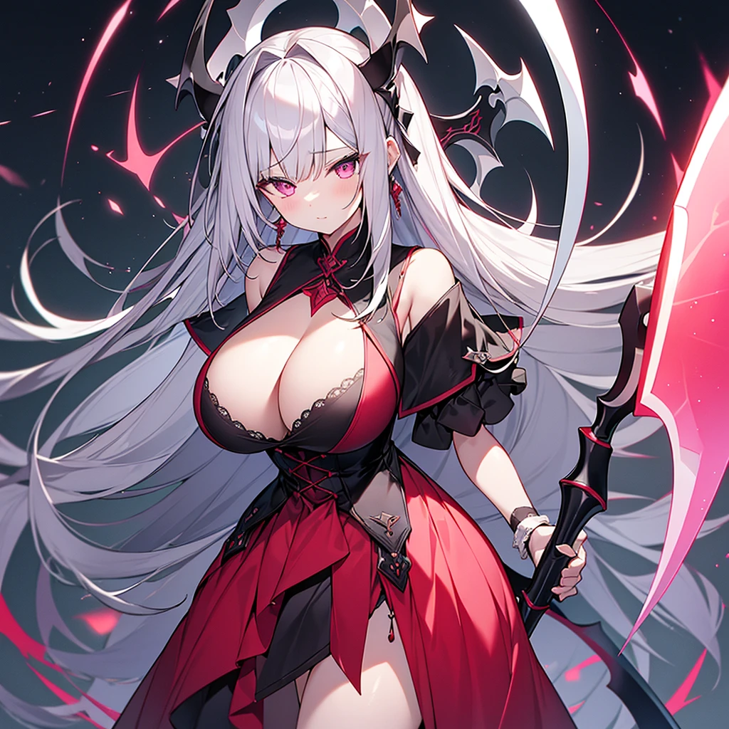 4K、Silver Hair、Slanted Eyes、Pink Eyes、fair skin、black gothic dress、Has a big scythe、big breasts、Standing under the red moon、Full Body、high quality、High resolution