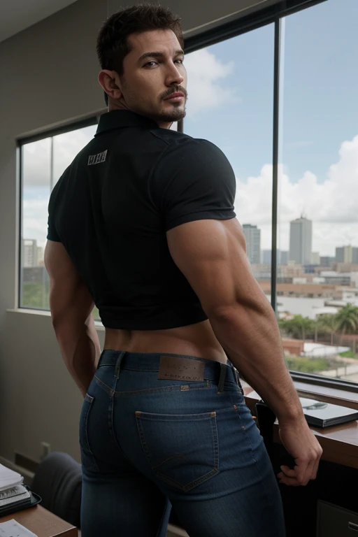 chris redfield, shirtless un hombre guapo sentado en la oficina, shirtless, ventanas,paisaje urbano,cuerpo completo,macho maduro,[muscular body],[Big butt], white jeans  backside  crouched bent over 