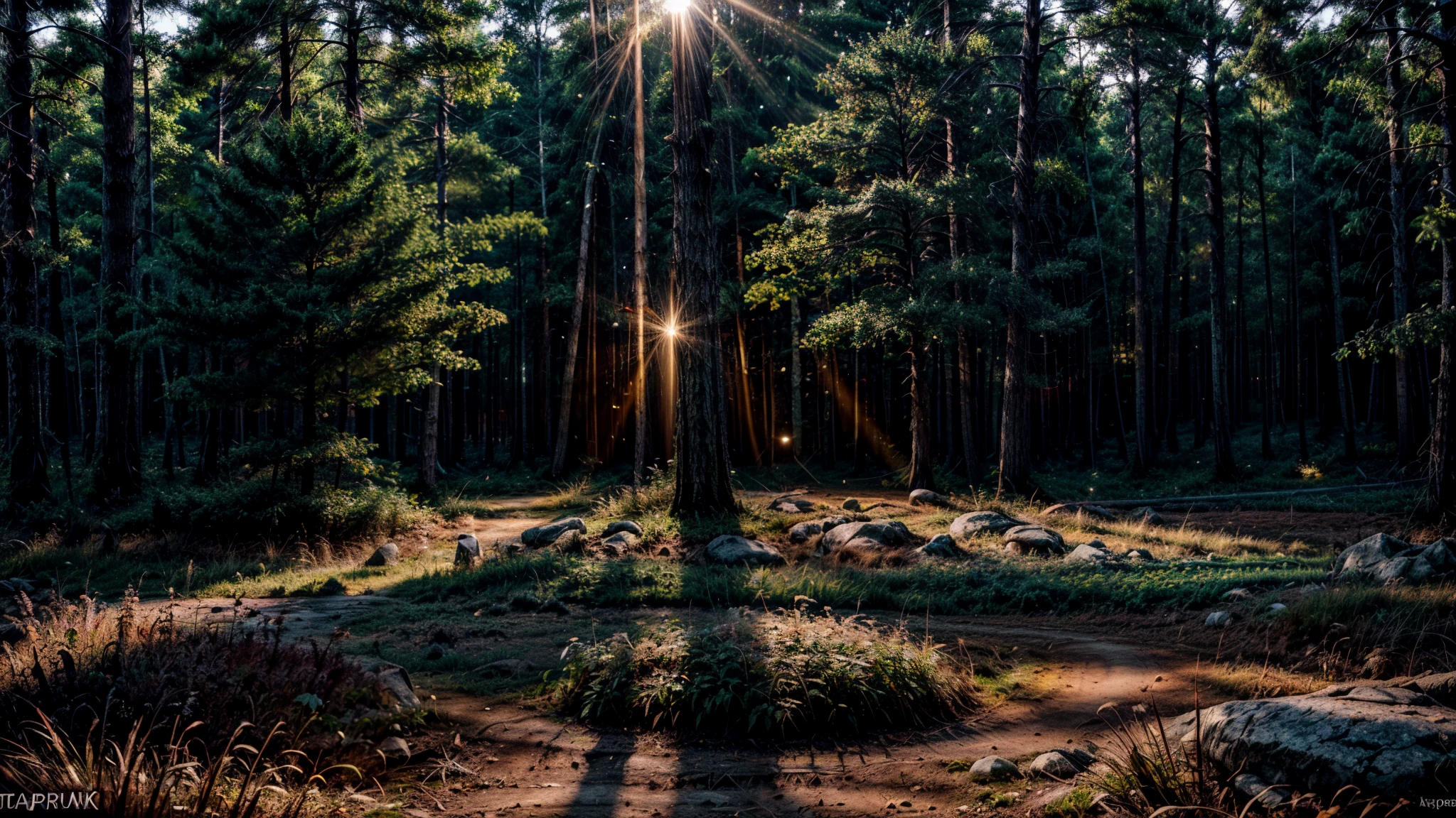 beautiful nature, the forest, grass, raspberry bushes, Sunrise, the lights of a sun((8K, Raw-Photo, top quality, masterpiece), Highly detailed RAW color photography, professional photography, (realistic, photorealism:1. 37), (top quality), (best shadow), (Best Illustration), ultra high resolution, highly detailed CG wallpaper unified 8K, Physics-based rendering, professional lighting), very world