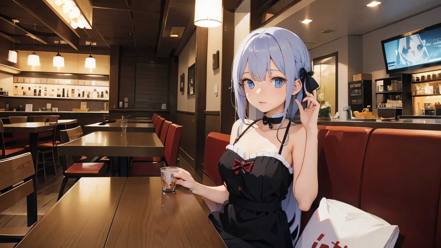 anime girl sitting in a restaurant like the one on the cover of the Polish artist "schafter" z albumu "hors devours"