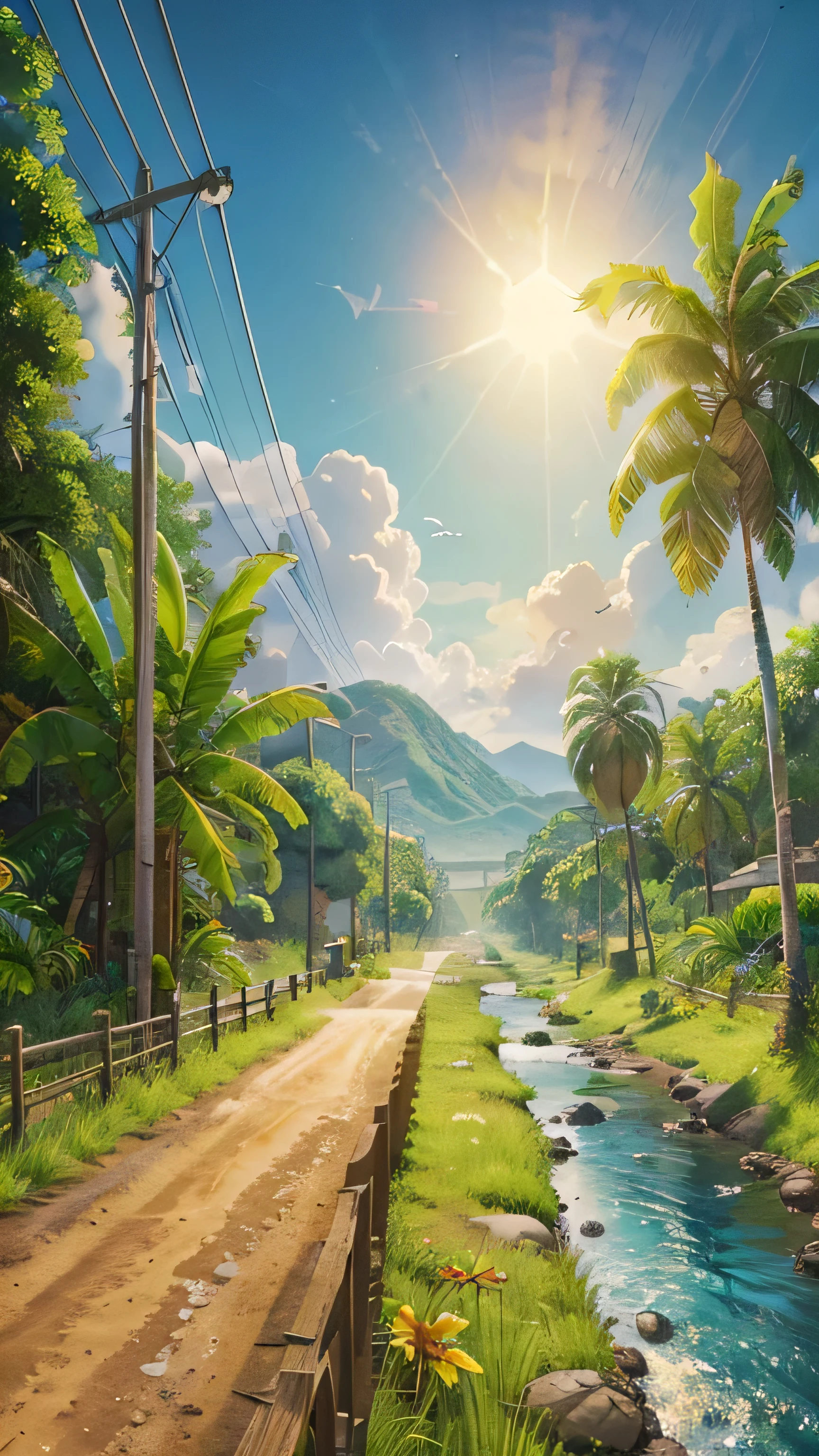 a painting of a dirt road with a river running through it, background artwork, amazing wallpaper, beautiful digital artwork, 4 k hd wallpaper illustration, tropical landscape, 3 d epic illustrations, scenery artwork, detailed game art illustration,  bit realistic painting, highly detailed digital artwork, artwork about a road to , tropical atmosphere, amazing photorealistic graphics, anime countryside landscape