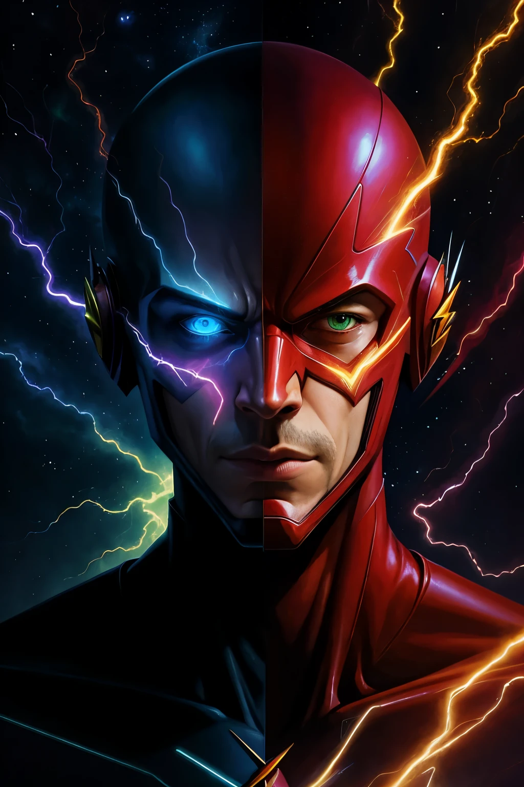 In the vibrant world of a comic book, the flash is brought to life on an old, weathered building. The scene is painterly, reminiscent of the masterful strokes of Simon Vouet. Luminous colors dominate, with light green and light crimson hues casting an ethereal glow. Whiplash lines radiate from the lightning bolts, adding dynamic energy to the composition. The presence of Alex Grey's surreal elements infuses the image with an otherworldly aura. Realistic color schemes intertwine with the lustrous illustration, offering a rich and immersive visual experience. Masterful shading creates depth and dimension, capturing the intricacies of