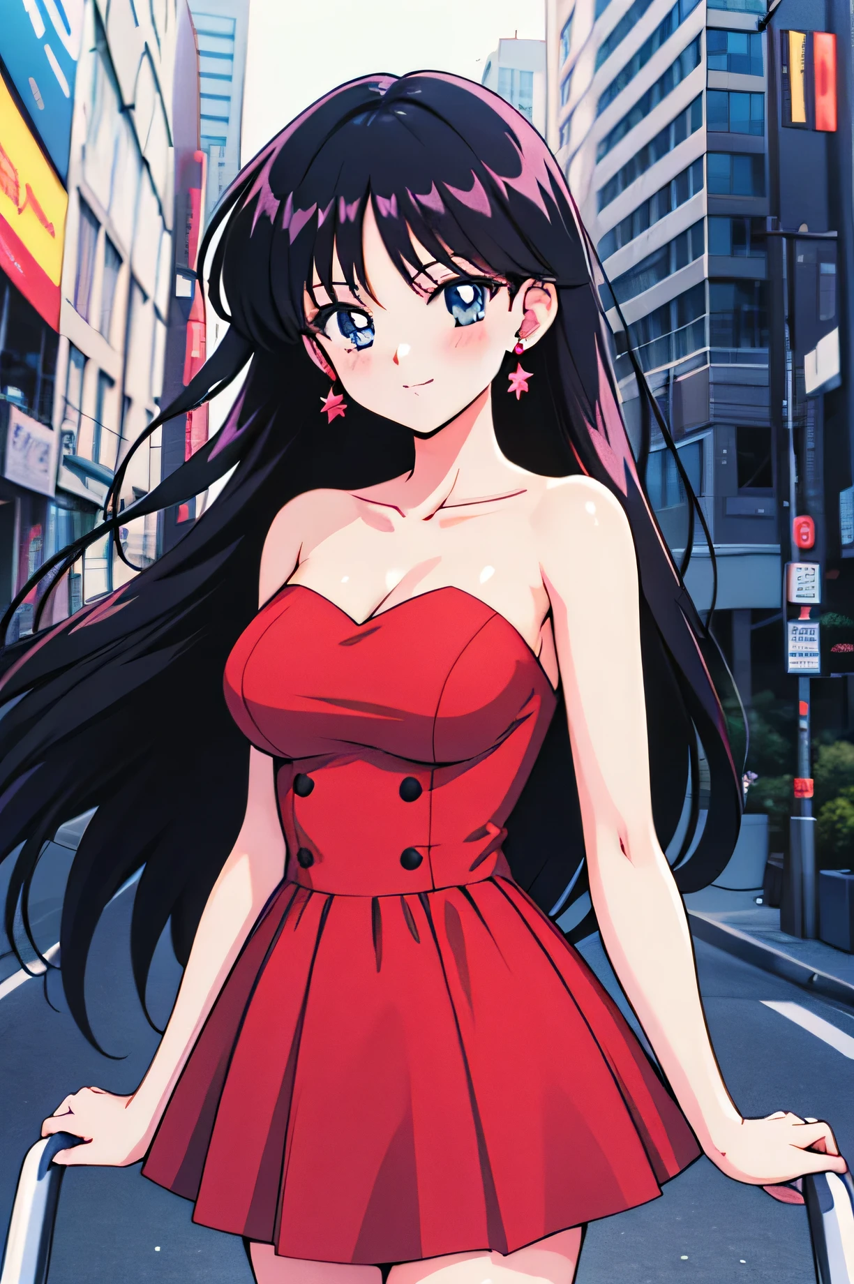 1990s \(style\), masterpiece, best quality, highres, city, medium breasts, 1 girl, ReiHino, Smile, Bare Neck, Bare Arms, Bare Shoulders, Strapless, Short Red Dress, Red Dress, Bodycon, Standing Up, Cowboy Shot, in the center, looking at you, upper body,  outdoors, blush,