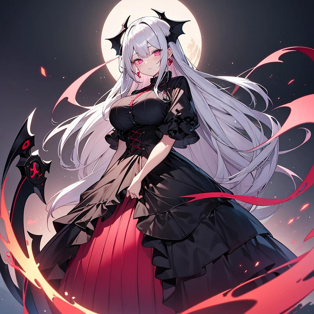 4K、Silver Hair、Slanted Eyes、Pink Eyes、fair skin、black gothic dress、vampire、Has a big scythe、big breasts、Standing under the red moon、red nails、Full Body、high quality、High resolution