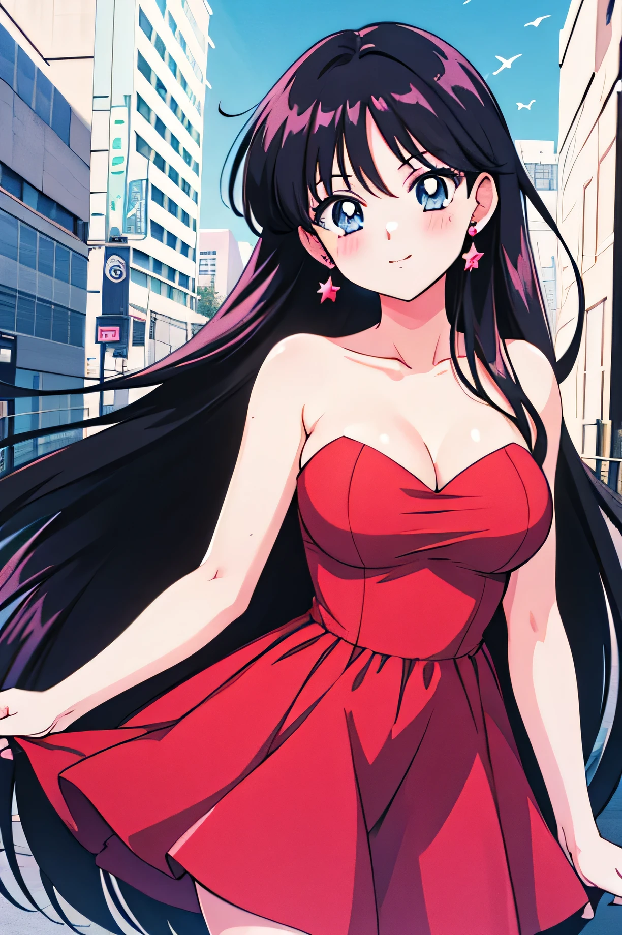 1990s \(style\), masterpiece, best quality, highres, city, medium breasts, 1 girl, ReiHino, Smile, Bare Neck, Bare Arms, Bare Shoulders, Strapless, Short Red Dress, Red Dress, Bodycon, Standing Up, Cowboy Shot, in the center, looking at you, upper body,  outdoors, blush,