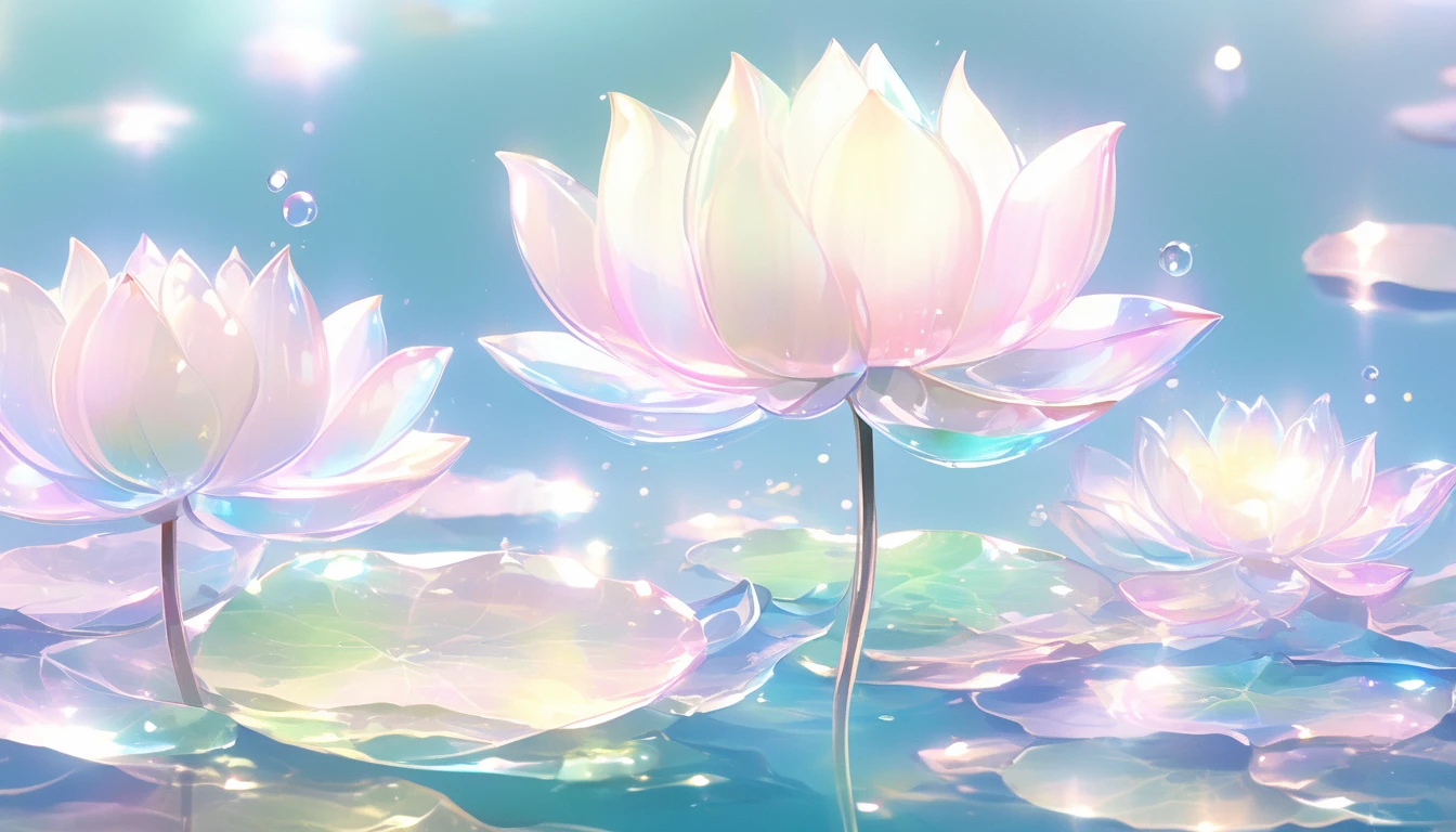 Reflection and mirror styles,Transparent light pink,Shimizu,White soap bubbles,Bokeh photos,fantastic colors, close up, light refracted into water, reflections transparent iridescent colors,Soft lighting/ Soft lighting, High Detail, Ultra HD,(There are several transparent lotus flowers floating on the water),The colorful light refracts onto the lotus,Crystal texture
