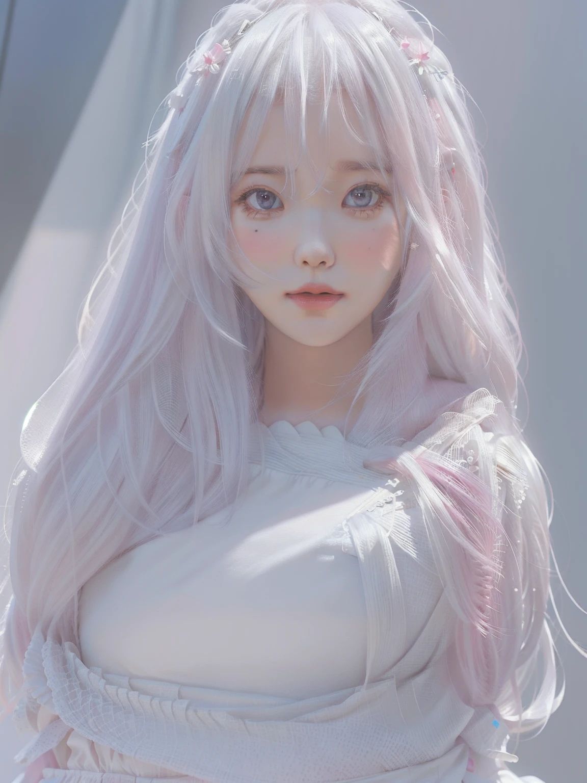 a close up of a woman with long white hair wearing a pink dress, photorealistic anime girl render, artwork in the style of guweiz, 3 d anime realistic, guweiz, smooth anime cg art, guweiz on artstation pixiv, guweiz on pixiv artstation, girl with white hair, photorealistic anime