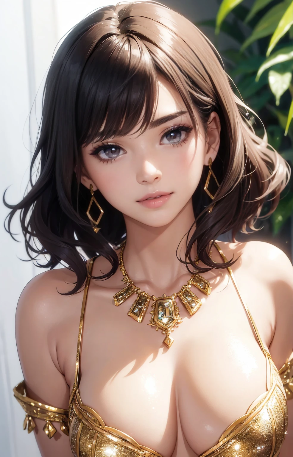 (1 upper body photo), beautiful face, Highly detailed face and skin textures, (detailed eyes), brown eyes, double eyelid, good eyebrows, pregnancy,glitter eyeliner: 1.2, natural cheeks, glowing skin, fair skin, (((with costume))), shiny necklace and earrings, (shiny lips: 1. 4), (a charming smile), (20 years old), (wavy hair, diagonal bangs), Short hair, Crown, ((Upper body shot)), ((Focus on your chest and face)), medium big breasts, upturned breasts.