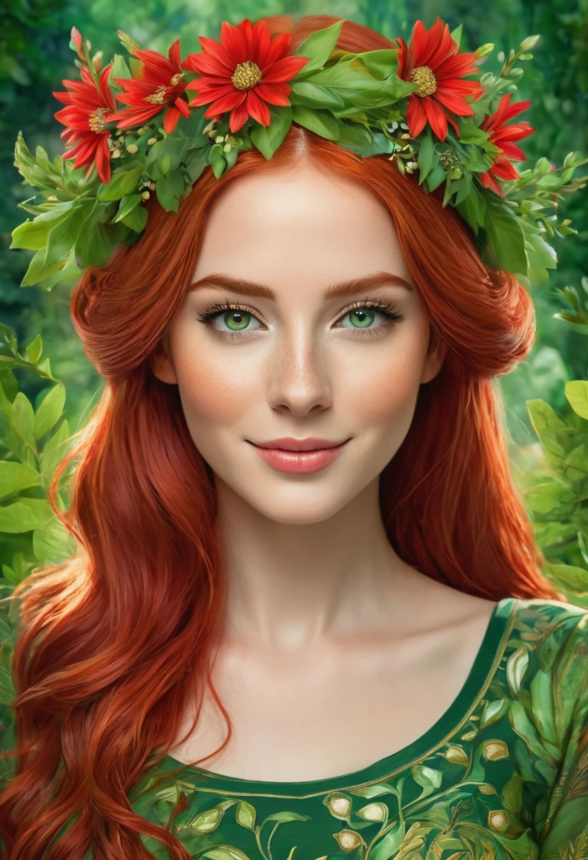 The image depicts a digital art portrait of a young woman with vibrant red hair. She is adorned with a crown of red flowers, adding a touch of nature to her appearance. Her eyes are a striking green, and she has a gentle smile on her face. She is wearing a green top with a floral pattern, which complements the floral crown. The background is lush with green foliage, creating a harmonious blend of colors and textures. The overall composition of the image suggests a theme of nature and beauty, with the woman appearing as a character from a fairy tale or a fantasy story. The artwork is highly detailed and showcases a high level of skill in digital artistry.
