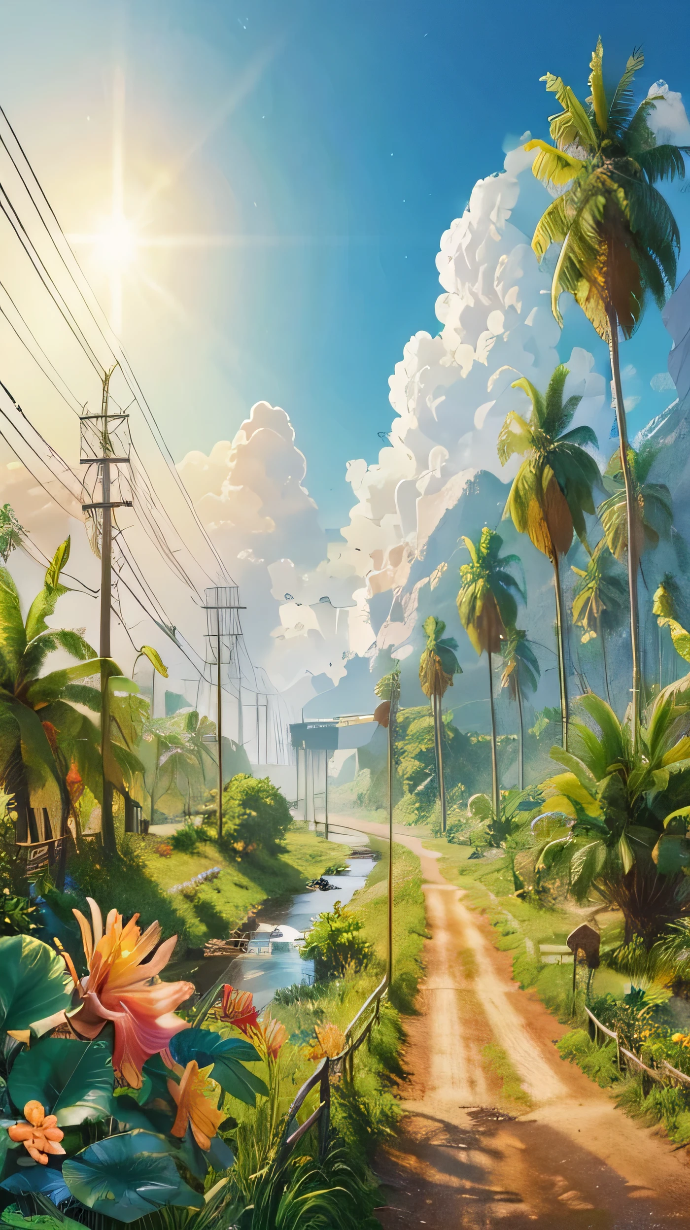 a painting of a dirt road with a river running through it, background artwork, amazing wallpaper, beautiful digital artwork, 4 k hd wallpaper illustration, tropical landscape, 3 d epic illustrations, scenery artwork, detailed game art illustration,  bit realistic painting, highly detailed digital artwork, artwork about a road to , tropical atmosphere, amazing photorealistic graphics, anime countryside landscape