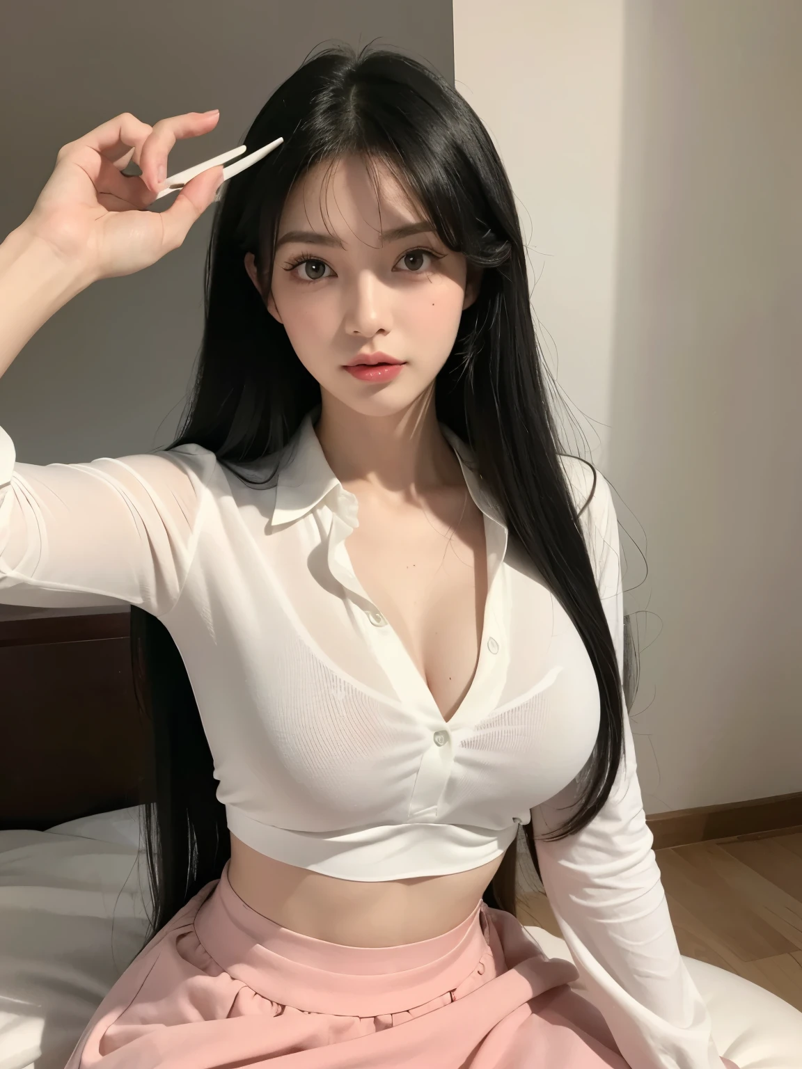 Kim jennie con el cabello negro oscuro, con rulos en las puntas del cabello negro oscuro, con un ganchito de estrella en el cabello negro oscuro, ojos de color claro, ojos bonitos, ojos llorosos, nariz bonita y respingada, labios bonitos, labios rosas, heart and cupid shaped lip, piel bonita, pale, piel blanca, con lunares y pecas en todo el rostro, rubor rosa suave en las mejilla, rubor rosa natural, maquillaje suave y rosa, jennie, cuellos bonito, cuello marcado, frown, mirada enojada, con un collar de beso, un collar bonito de beso, mientras tiene un traje de Yumeko Jabami, cospaly de Yumeko Jabami, mientras tiene una camisa blanca, con tiene un traje de color rojo encima de su camisa blanca, apretado a su cuerpo, con una falta negra corta mientras tiene el abdomen desnudo, delgado, marcado y bonito, (pechos grandes, pechos suaves, pechos bonitos, pechos naturales), mientras esta haciendo cospaly del personaje Yumeko Jabami, del anime Kakegurui, mirando a la camara, autofoto, selfie bonita