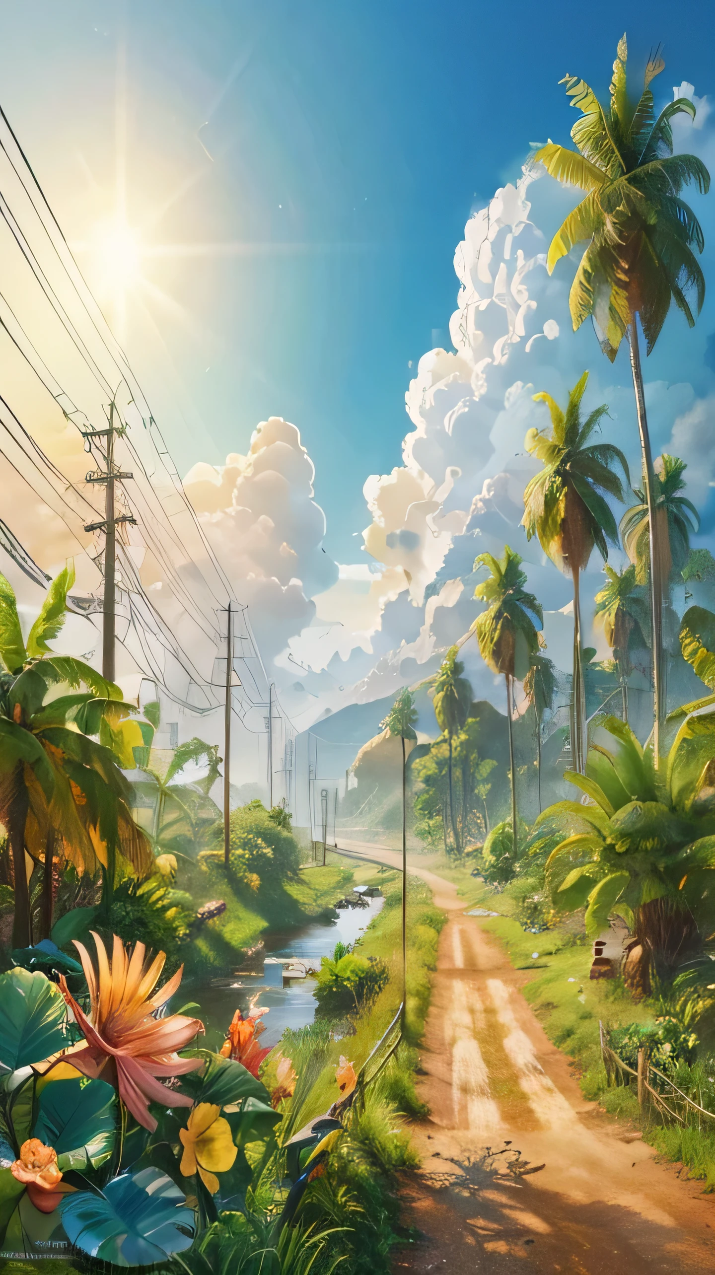 a painting of a dirt road with a river running through it, background artwork, amazing wallpaper, beautiful digital artwork, 4 k hd wallpaper illustration, tropical landscape, 3 d epic illustrations, scenery artwork, detailed game art illustration, bit realistic painting, highly detailed digital artwork, artwork about a road to , tropical atmosphere, amazing photorealistic graphics, anime countryside landscape
