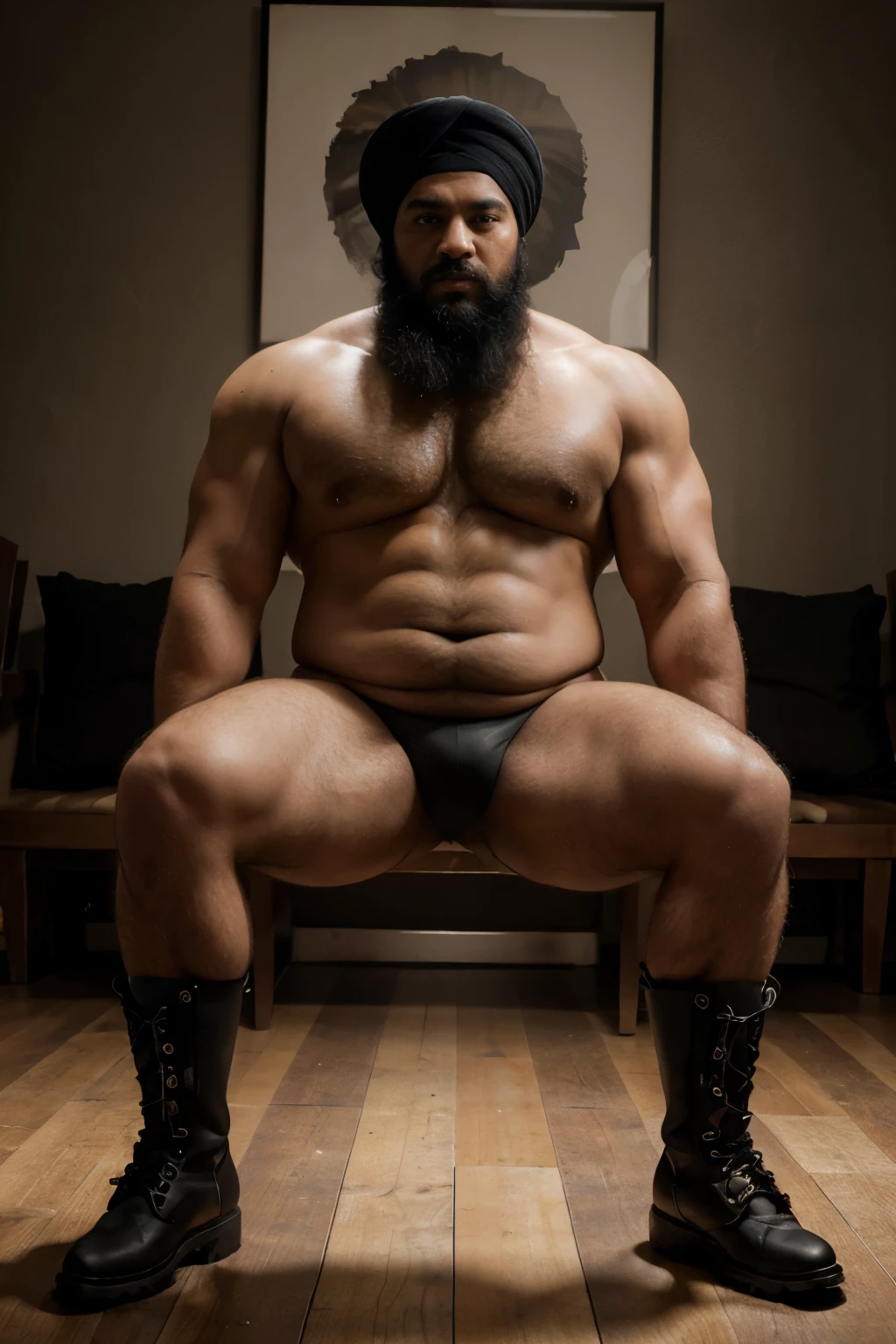 (best quality,4k,8k,highres,masterpiece:1.2),ultra-detailed,(realistic,photorealistic,photo-realistic:1.37),full body portraits,studio lighting,physically-based rendering,extremely detailed face,fat sikh man,beautiful eyes,luxuriant black beard,(visible big black work boots:1.2),shirtless,strong built,body with muscular arms and belly,happy and confident expression,interesting background with warm tones,sharp focus