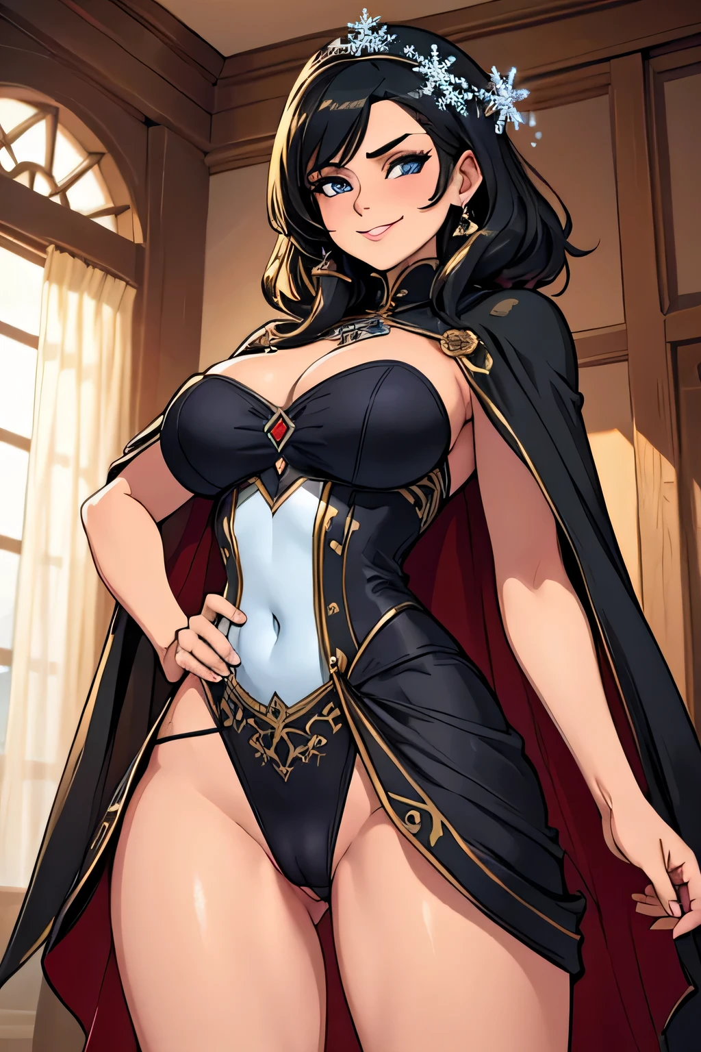 ((Masterpiece, best quality,edgQuality))smiling,excited,solo, posing sexy, mature female milf, edgEF, a dress with a cape and a dress with a snowflake on it, thong, cameltoe, wearing edgEF eastern clothing