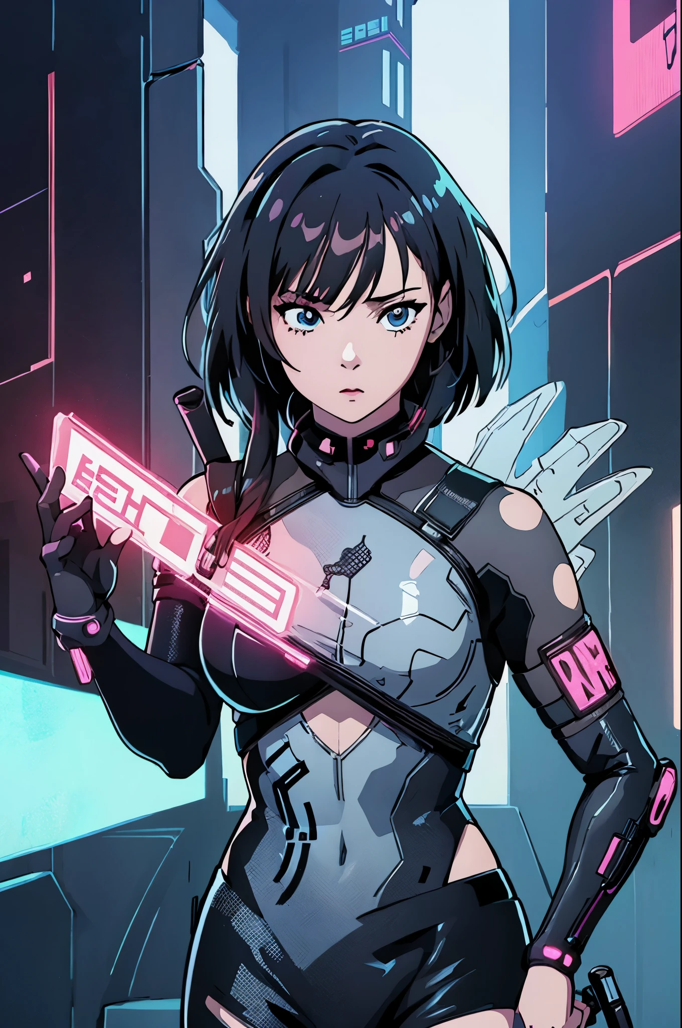 digital art drawing, illustration of (girl with pads on her skin, cyberpunk 2077), anime drawing/art, bold linework, illustration, digital art, masterpiece, flat illustration, no shadows, 8k resolution, high detail, vector art, only anime