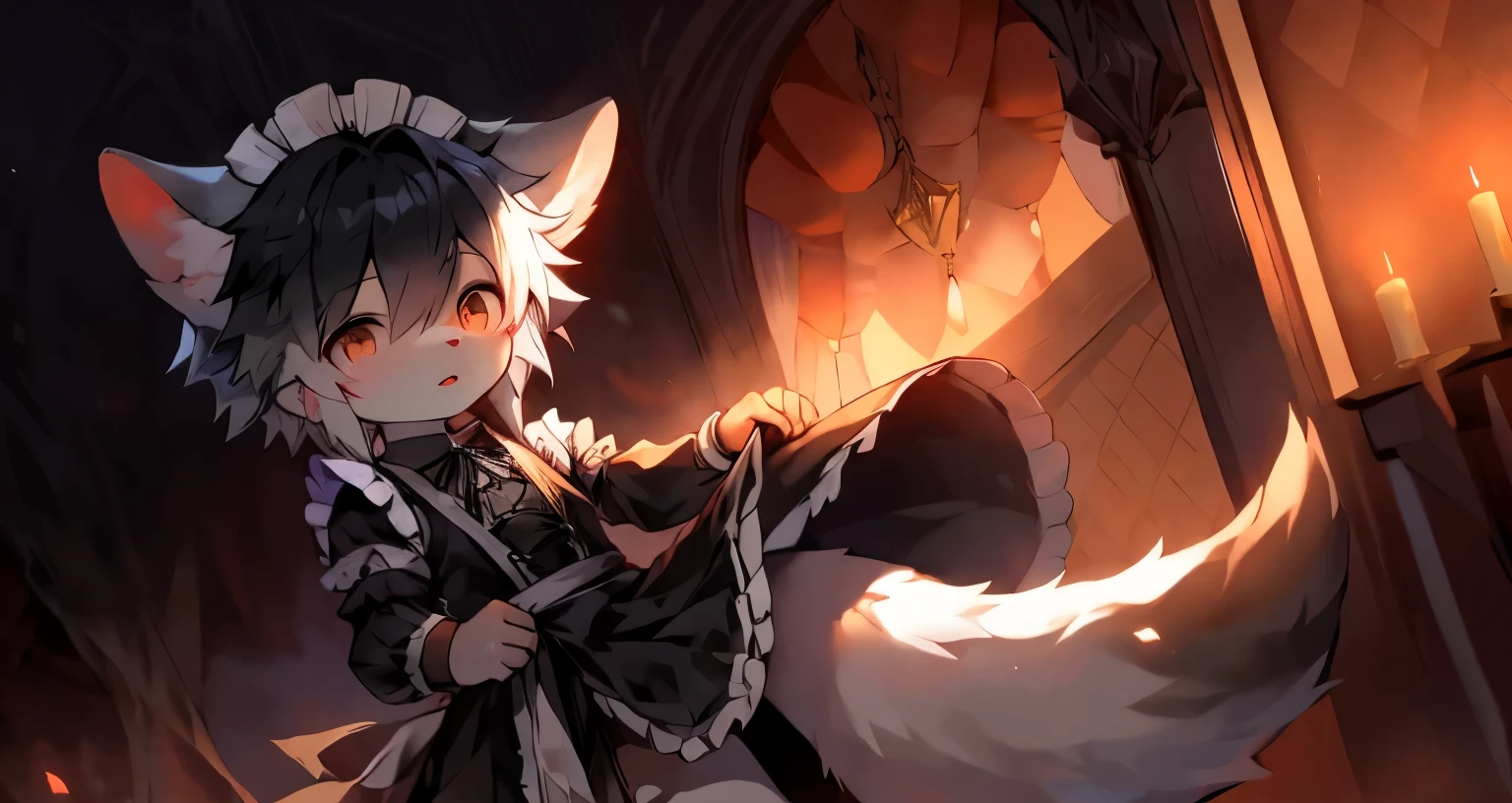 Shota,In a dimly lit room with warm candlelight,Lift up your skirt,Long-sleeved maid outfit,black吊带,black,white wolf big ears,black领结