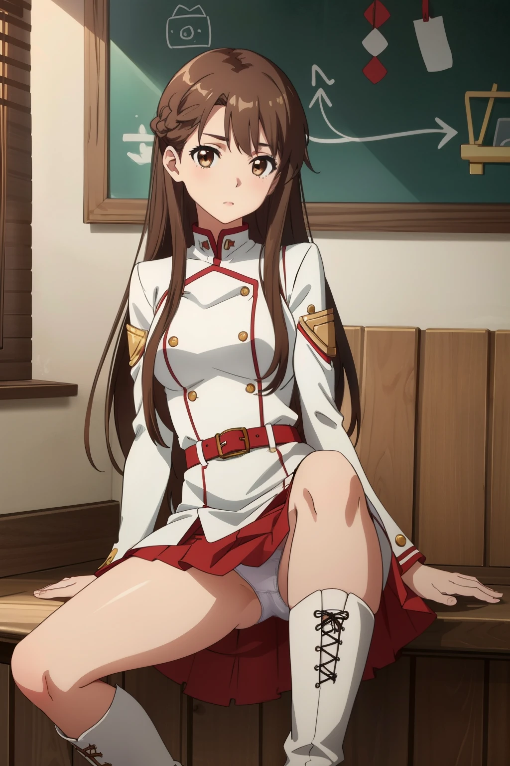 (masterpiece, Best quality), complex parts,
1 girl, Yuki as an outfit, Kizukiai, Brown hair, Brown eyes, medium breast, long hair, hair, catbo, White gloves, white uniform, White boots, Red dress, Red Belts, upskirt, we are panties