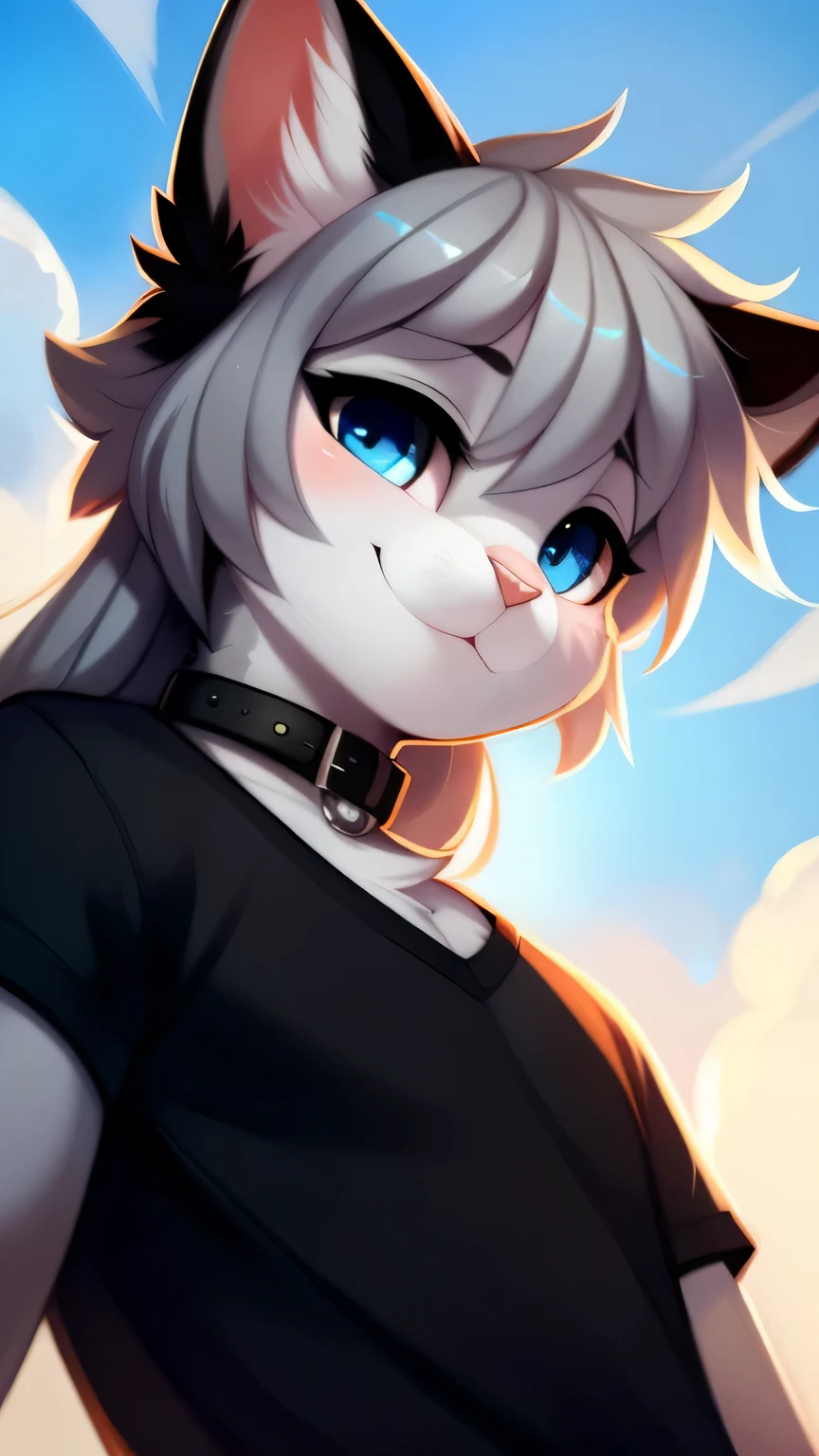 Nervous smiling, uploaded the e621, beautiful and detailed, man (((male))) ((anthro)) Cat, (Cat boy), by waspsalad, by phluks, by zero-sum, cinematic lighting, Cat, (anthro, fluffy fur, character focus:1.1), 1boy, anthro cat boy, body fur, gray fur, gray body, gray hair, long hair, curvy, sexy, nice, cute, hot, digital drawing, (half-closed eyes), blue eyes, black t-short, collar, penis, low-angle view, bottomless