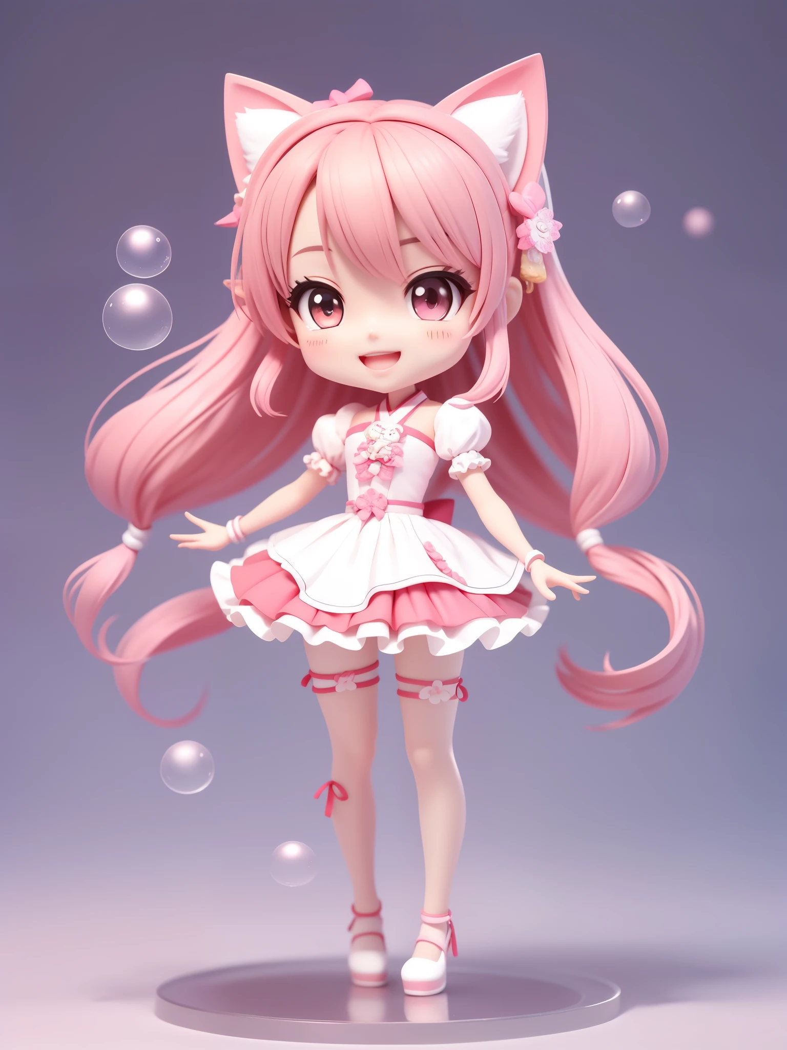 (Daisaku), (Extreme Quality), (Super Meticulous), (Full Body: 1.2), Bubble Mart Style, Chibi, Cute , Smile, Open Mouth, (Beautiful Delicate Face), (Beautiful and Delicate Eyes), cat ears, pink eyes