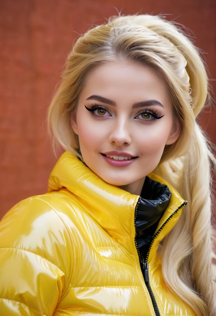 hyperrealistic beautiful 18-year-old women in shiny yellow puffer jacket latex catsuit, model shooting photography, very long blonde straight ponytail, dark eye makeup with eyeliner, seductive smile, flashing , 8K, best quality, Meisterwerk, ultra high resolution, (Realismus: 1.4), Originalfoto, (realistische Hautstruktur: 1.3), (Filmkorn: 1.3), (Selfie-Winkel), 1 girl, Beautiful eyes and facial details, Meisterwerk, best quality,