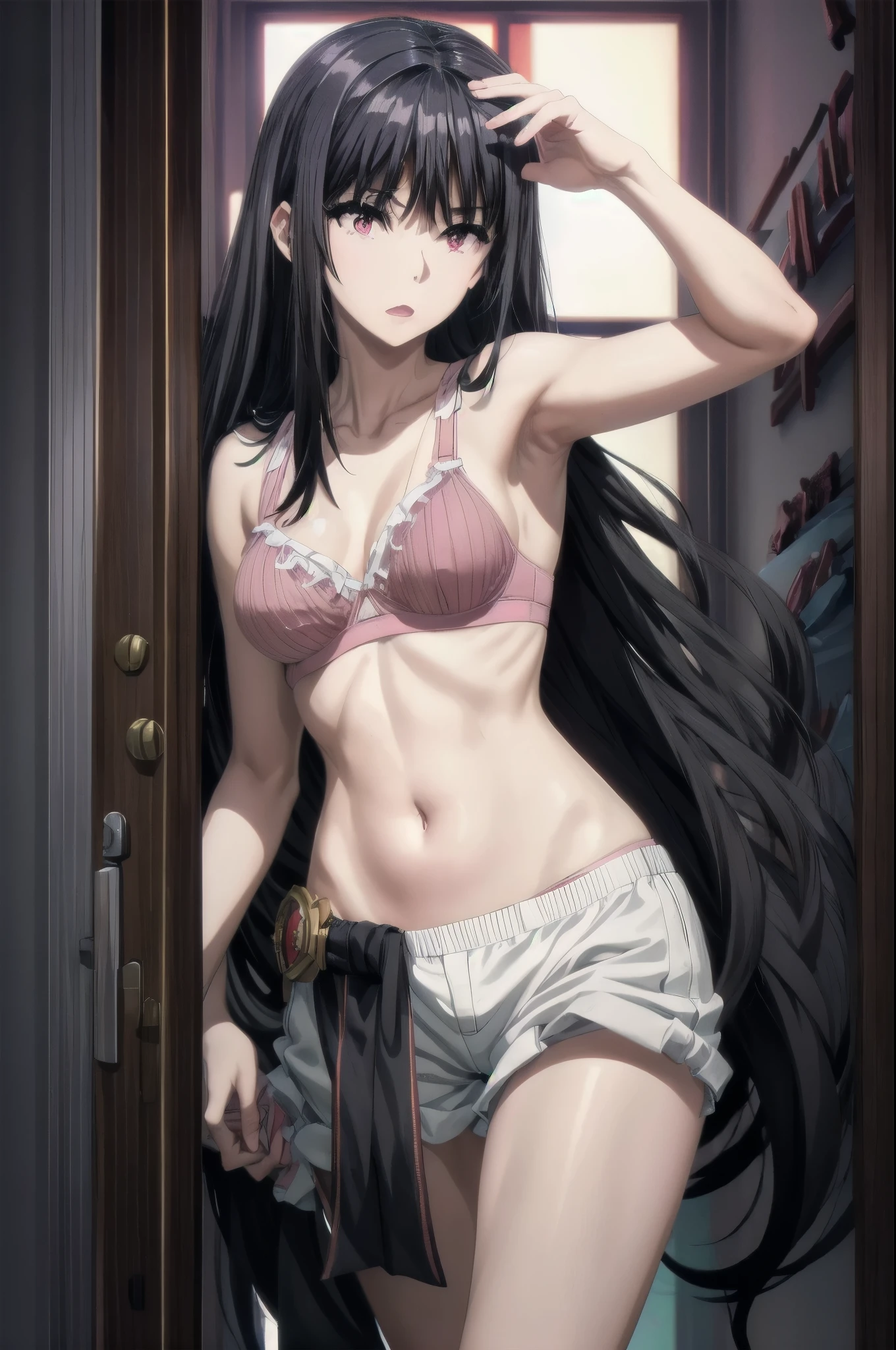 1girl,black hair,red eyes,medium breast,narrow waist,pink bra,pink underwear,standing straight,in the room